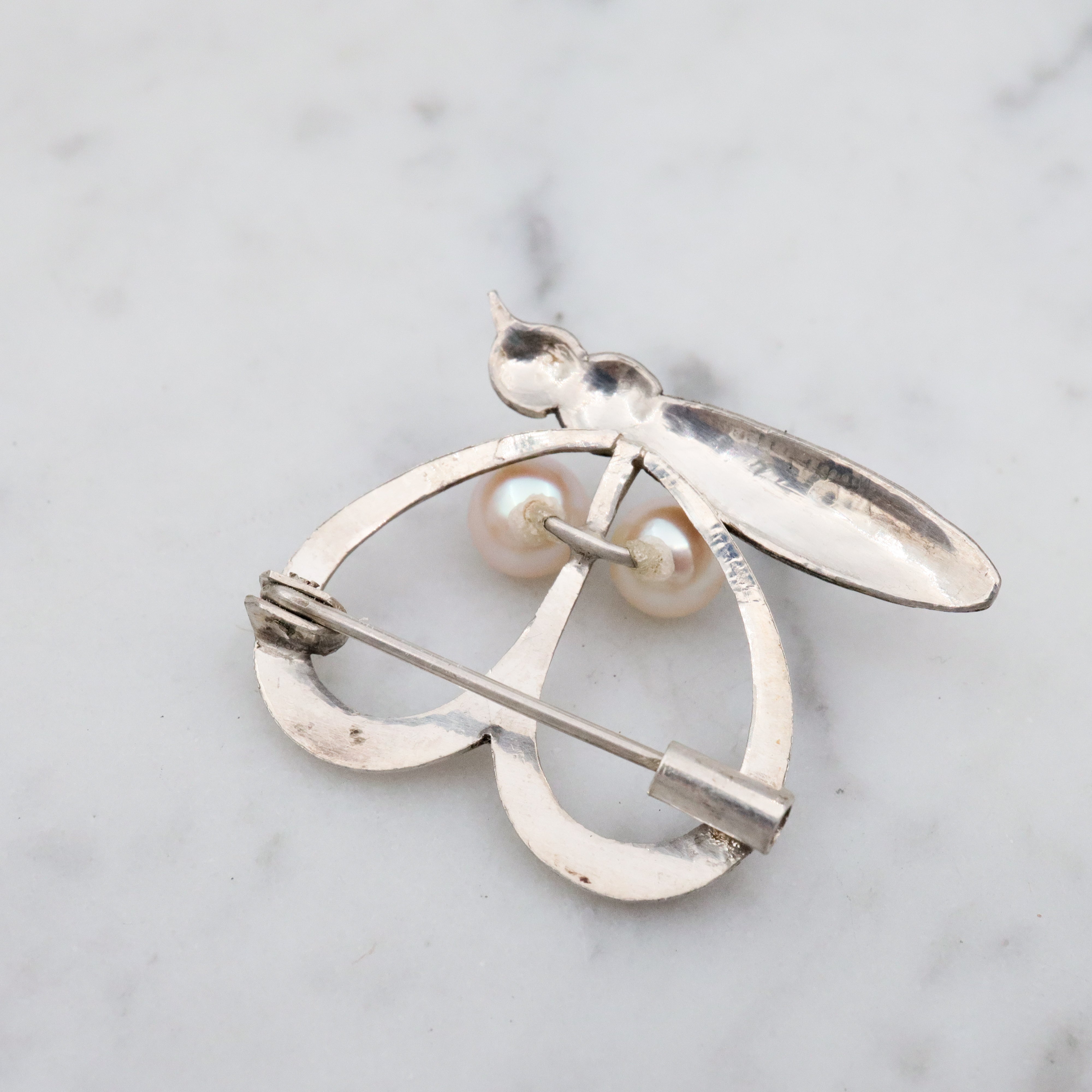 Petite Mid Century sterling & pearl butterfly brooch