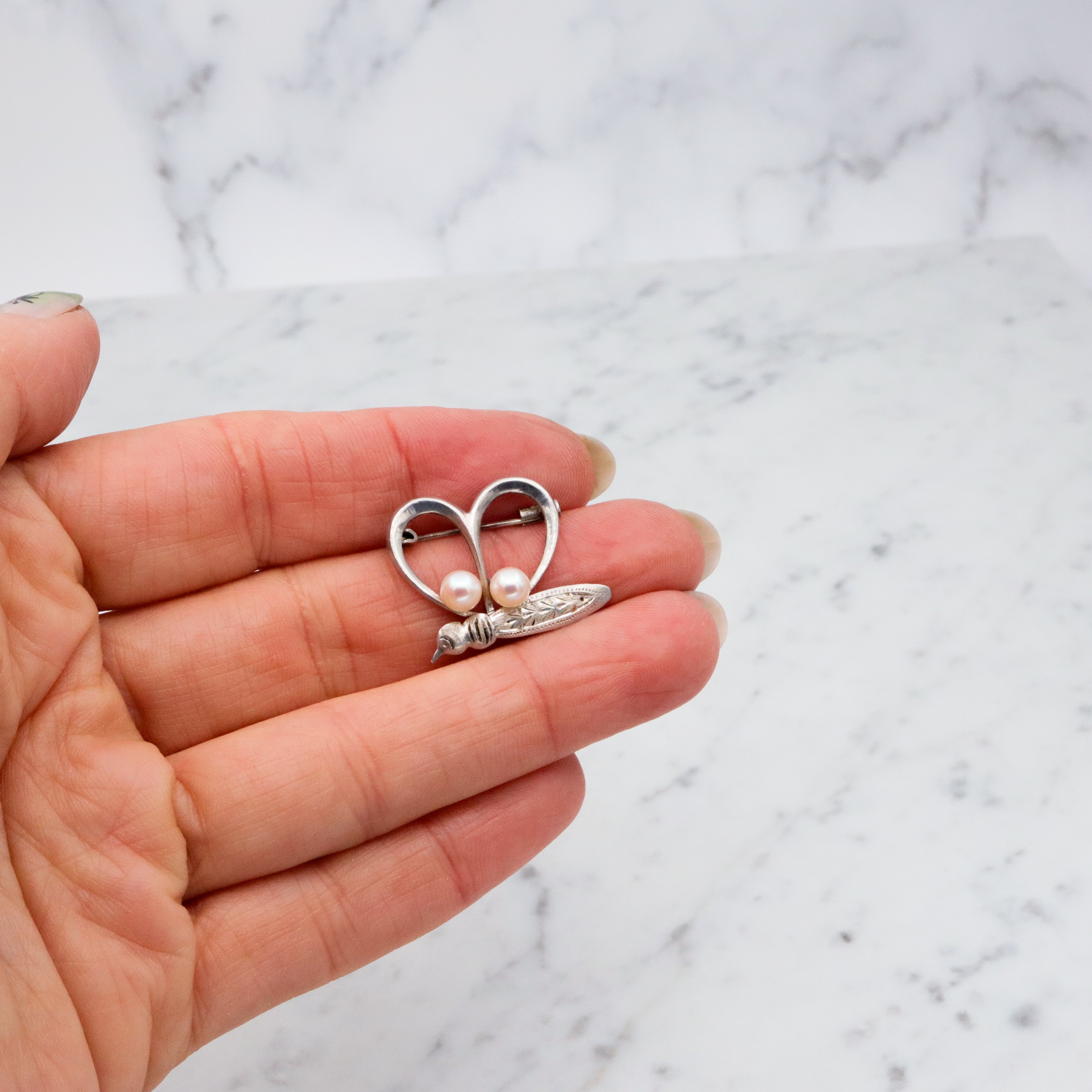 Petite Mid Century sterling & pearl butterfly brooch