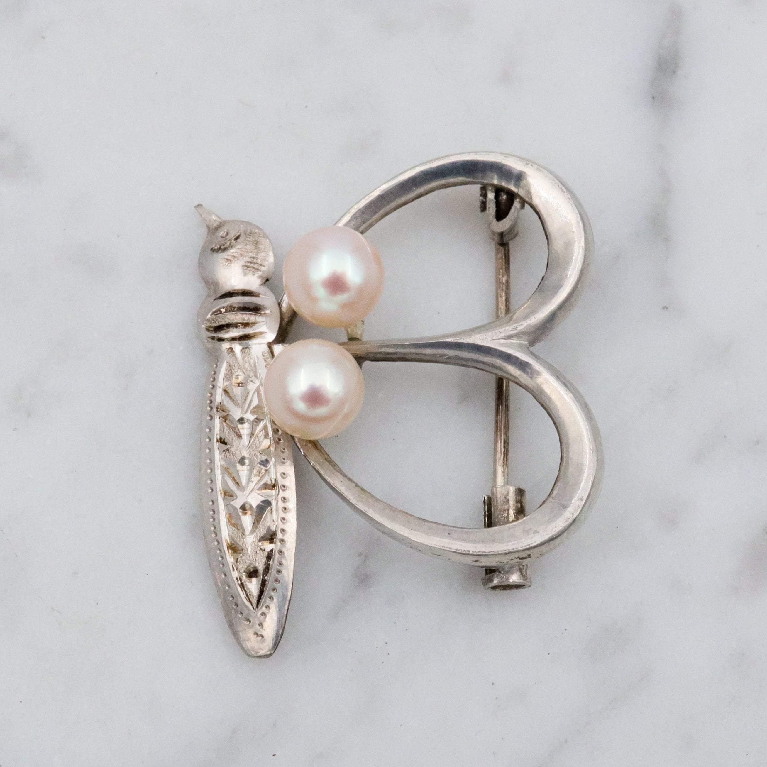 Petite Mid Century sterling & pearl butterfly brooch