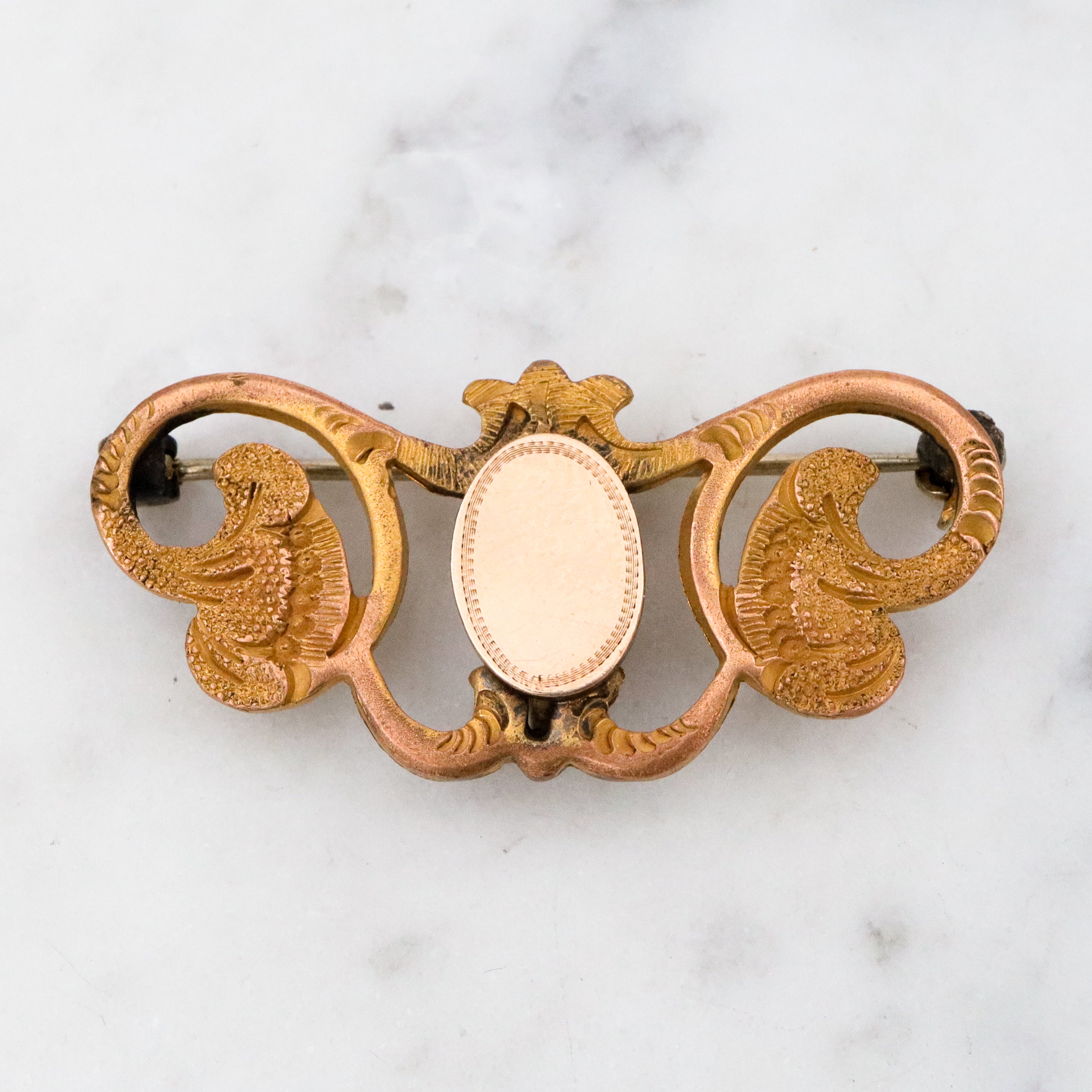 Antique Victorian Rococo style gilt metal floral vine & plaque watch clip pin