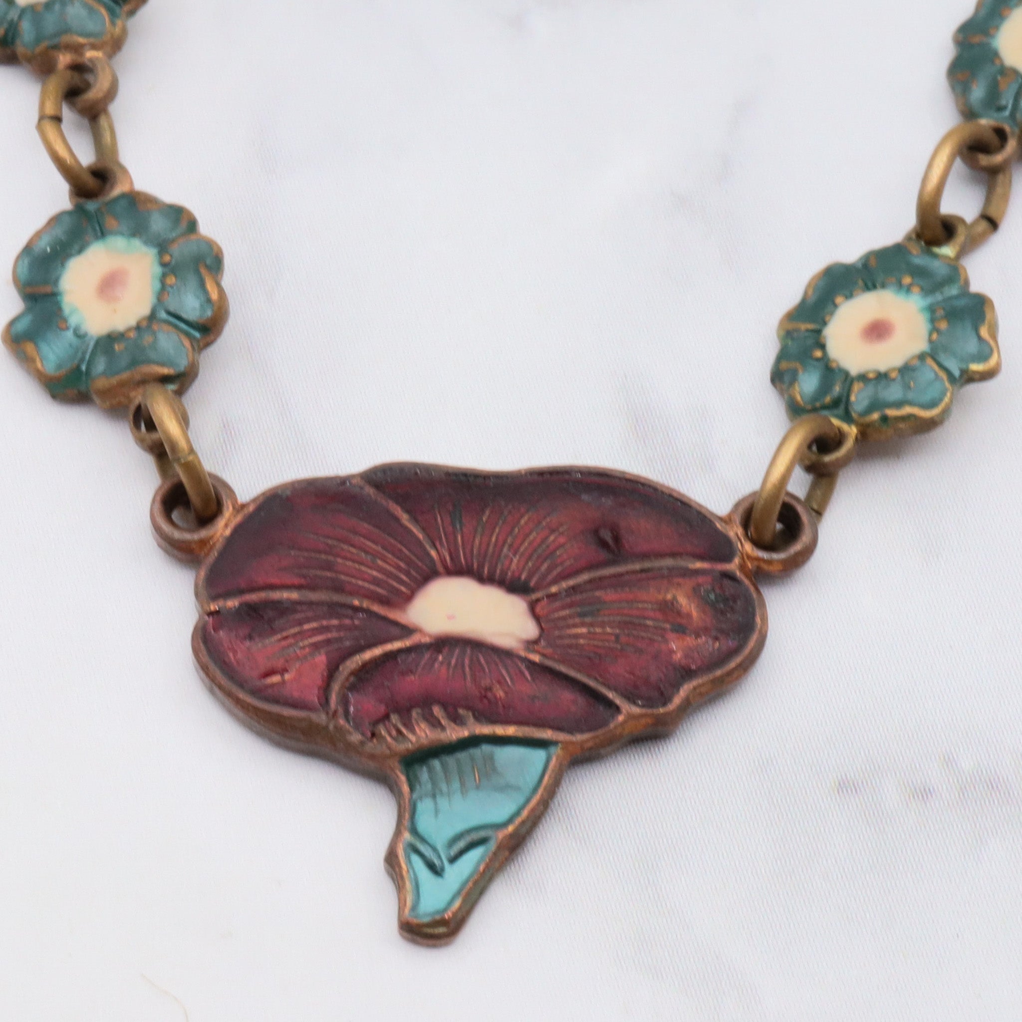 Antique Art Nouveau enamel on copper and brass floral necklace, 16.5