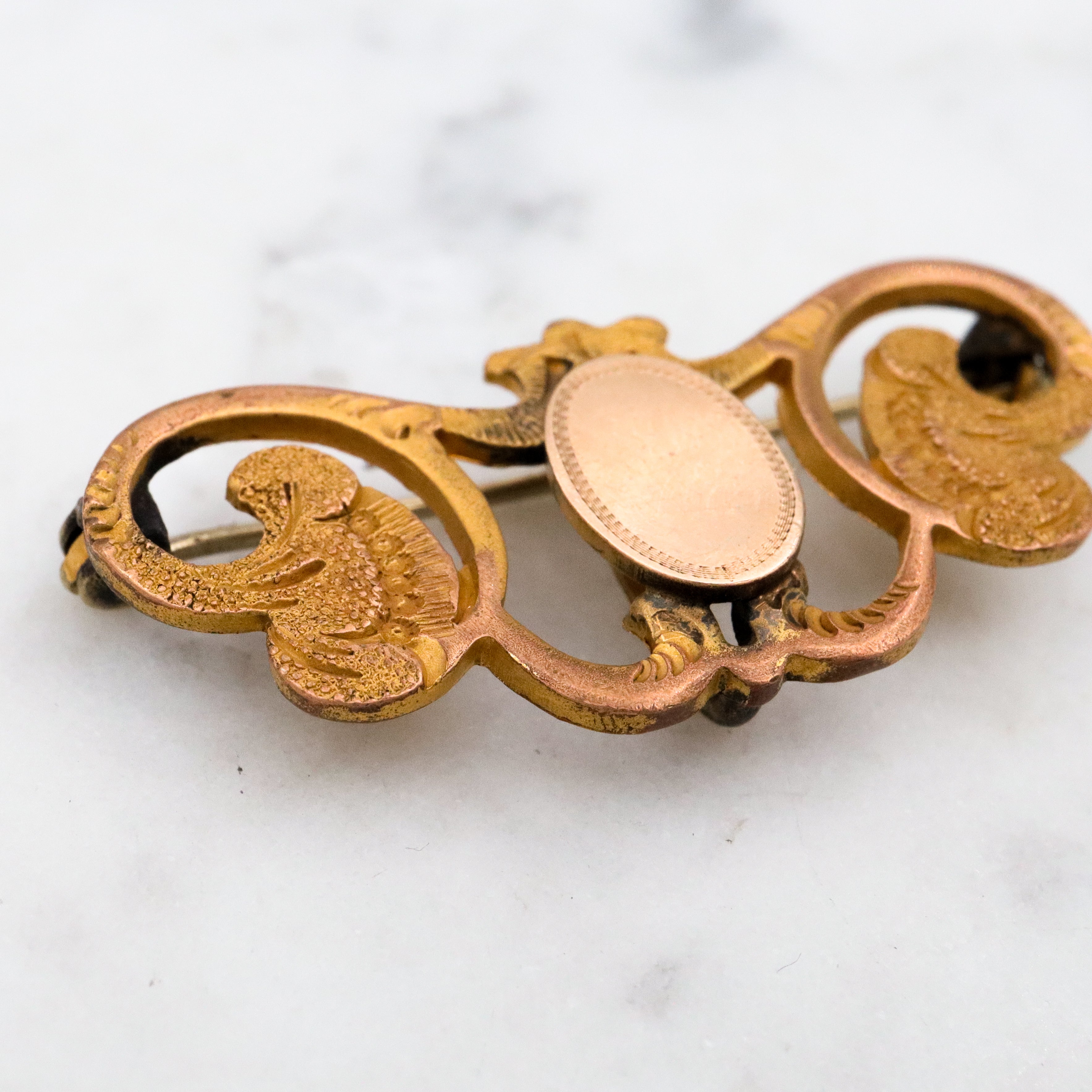 Antique Victorian Rococo style gilt metal floral vine & plaque watch clip pin