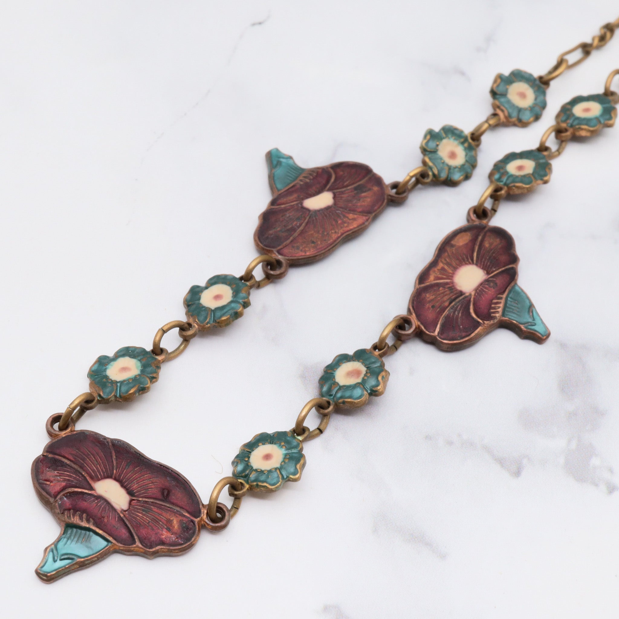 Antique Art Nouveau enamel on copper and brass floral necklace, 16.5