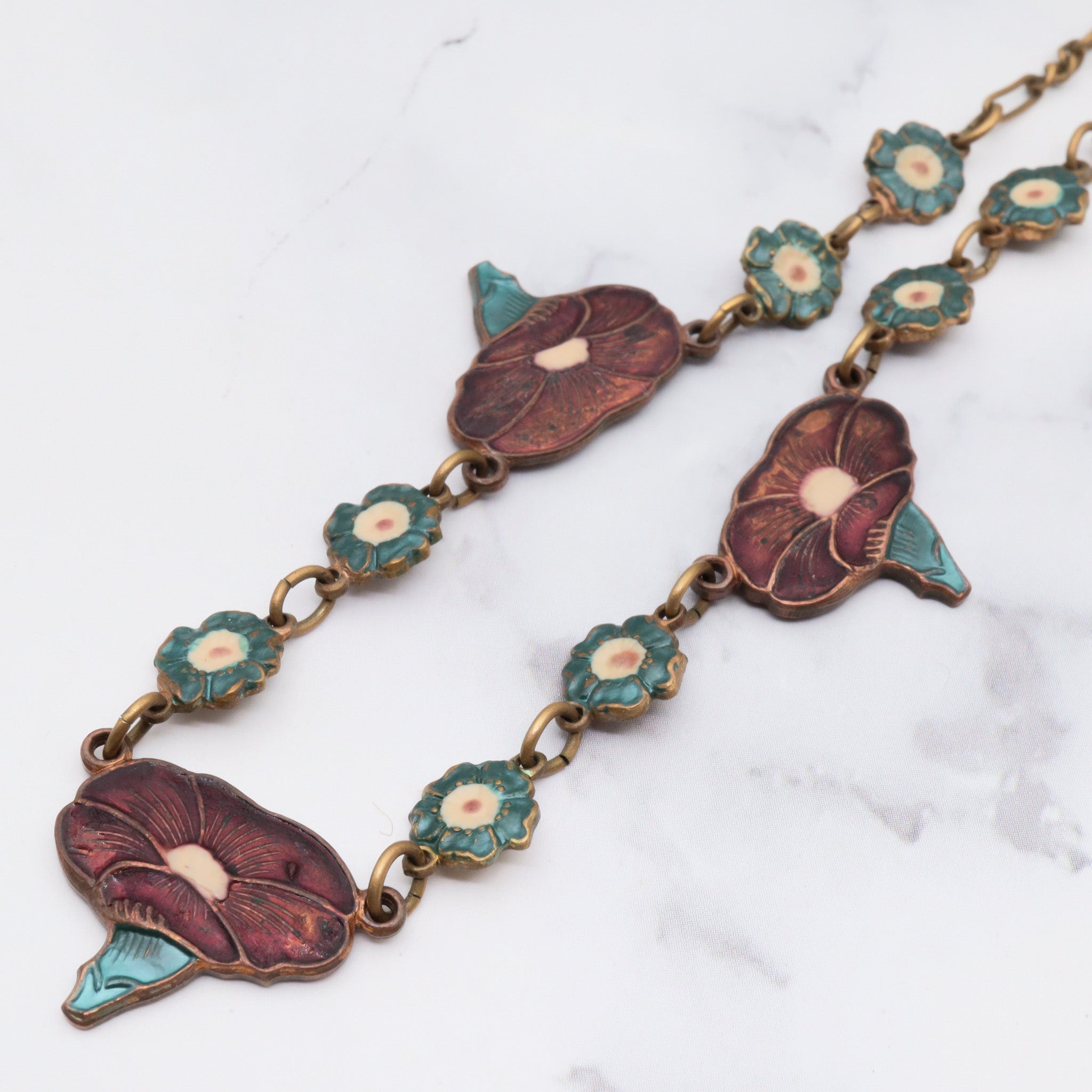 Antique Art Nouveau enamel on copper and brass floral necklace, 16.5"