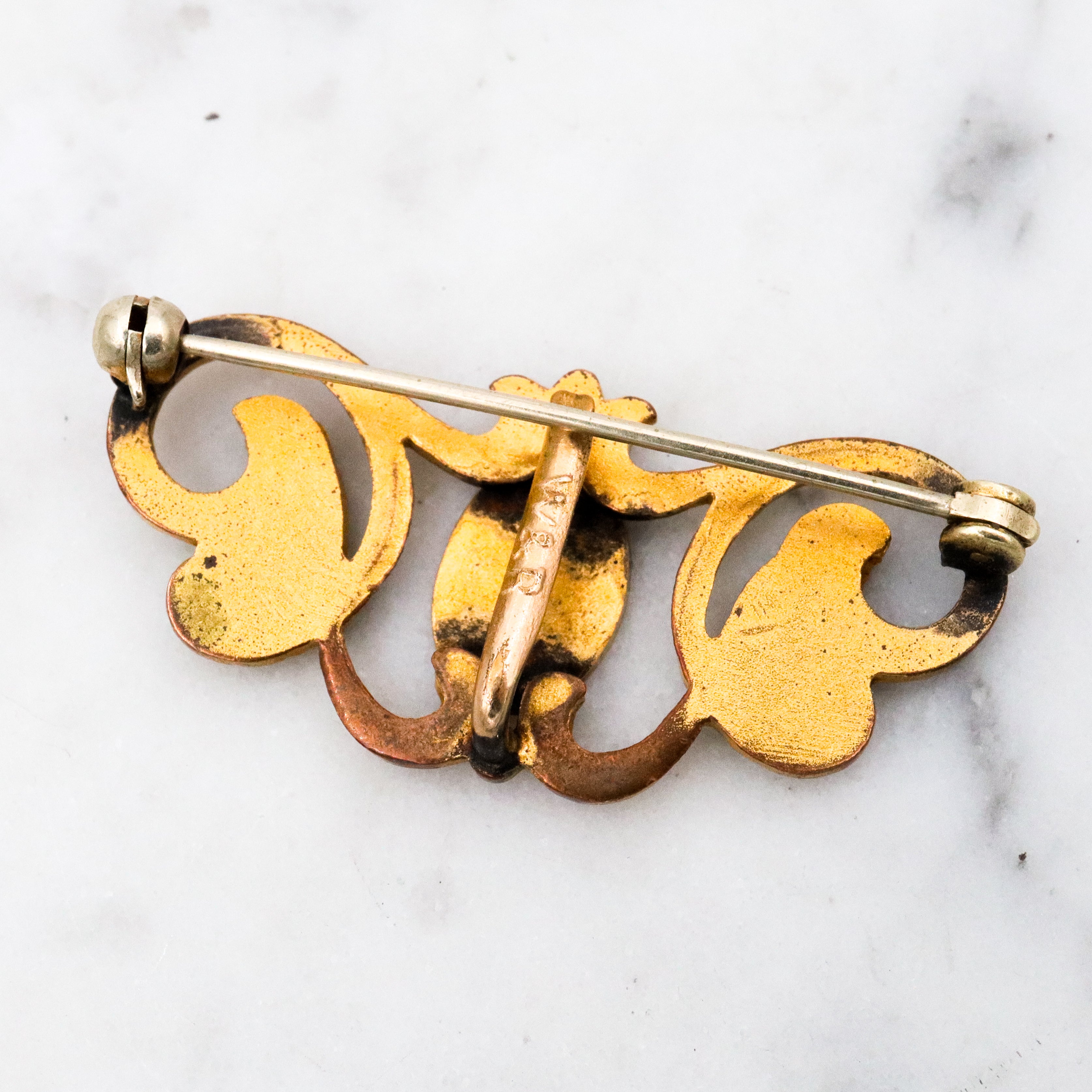 Antique Victorian Rococo style gilt metal floral vine & plaque watch clip pin