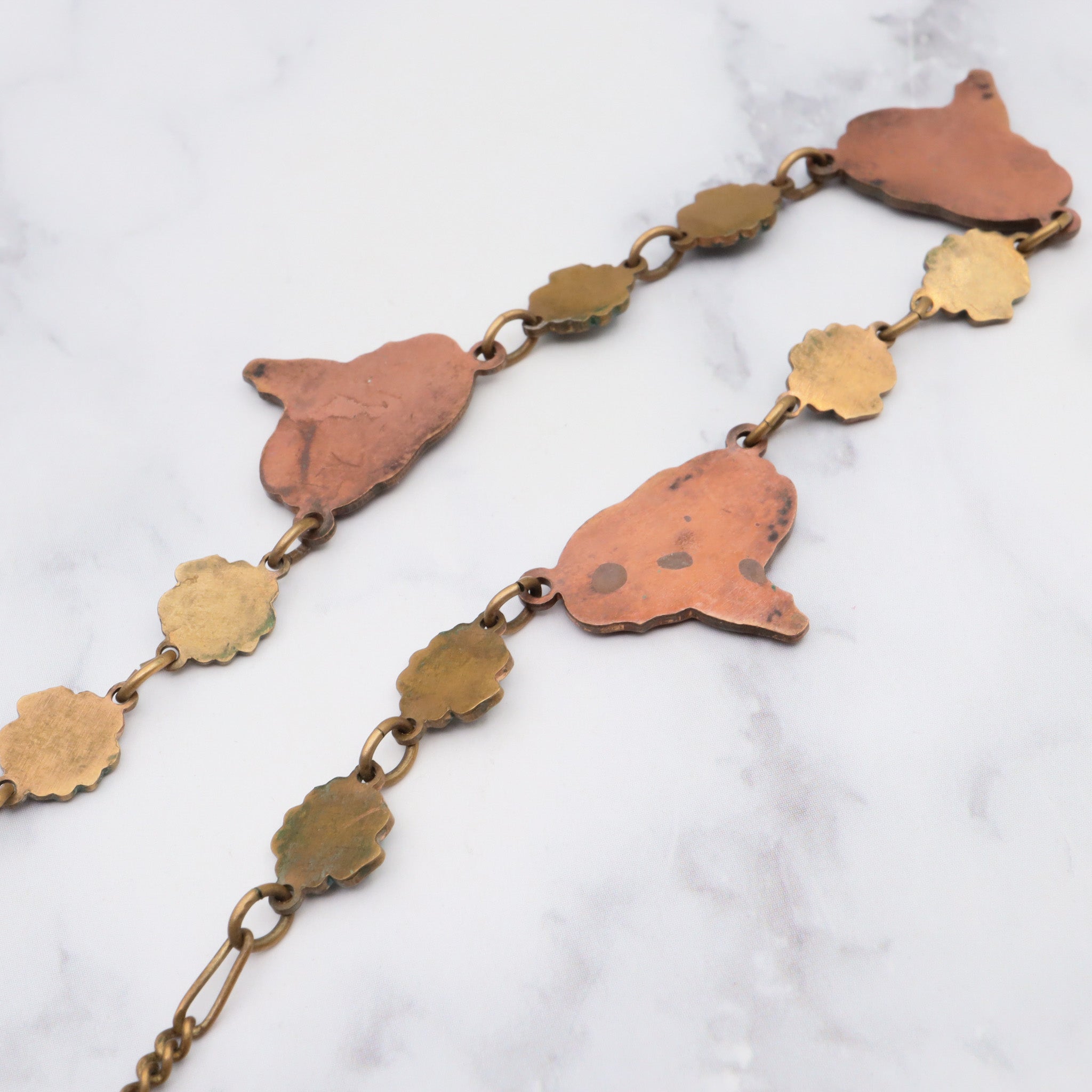 Antique Art Nouveau enamel on copper and brass floral necklace, 16.5"