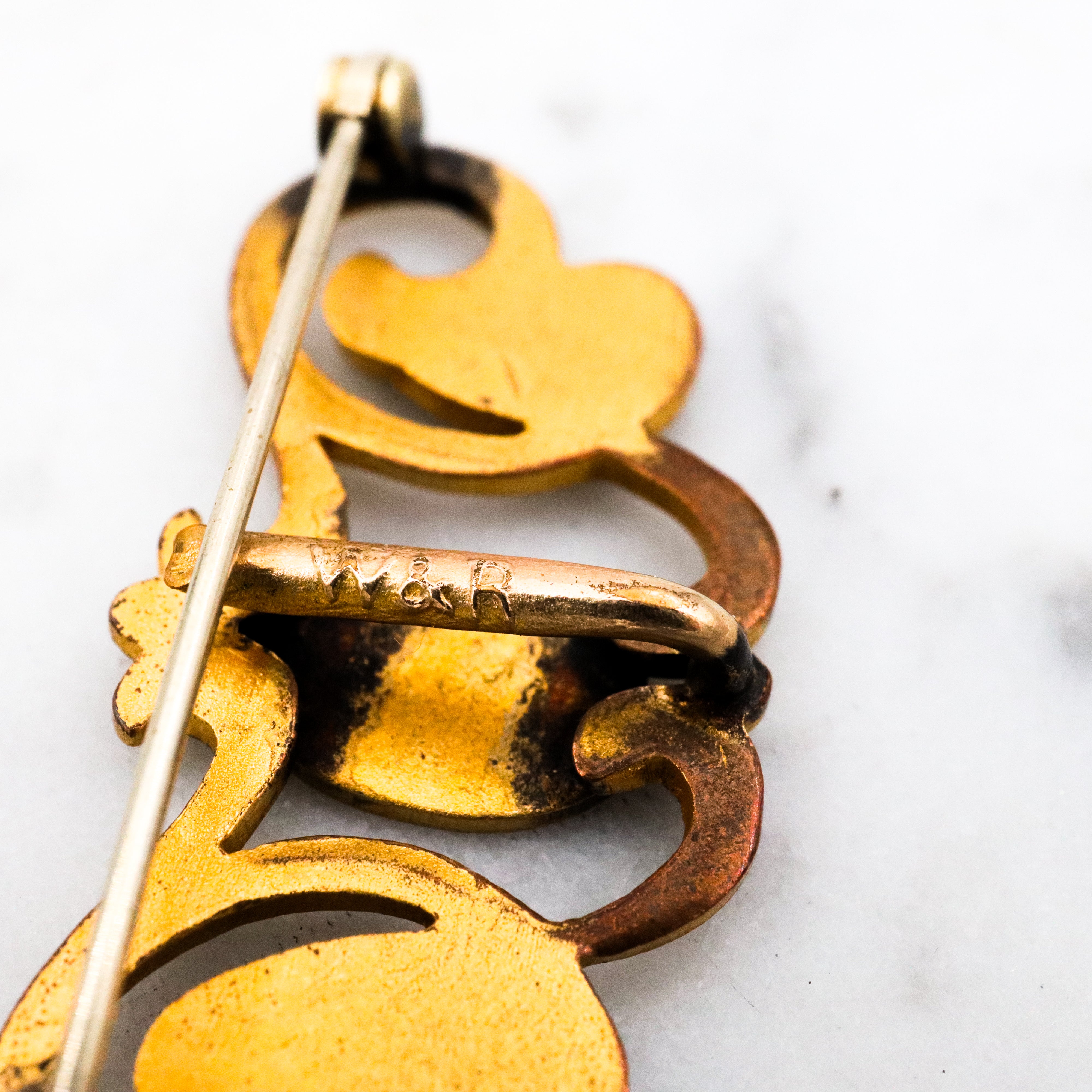 Antique Victorian Rococo style gilt metal floral vine & plaque watch clip pin