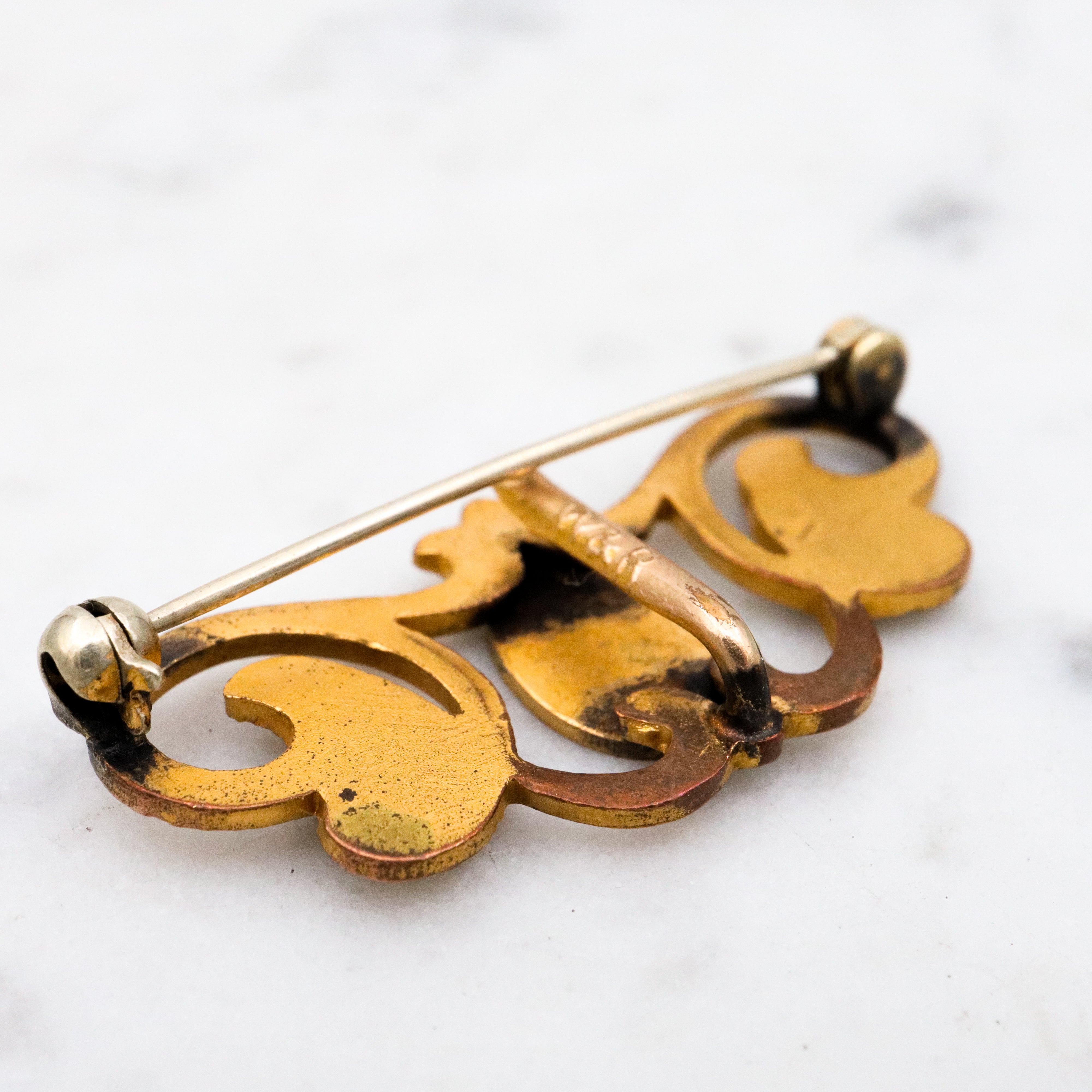 Antique Victorian Rococo style gilt metal floral vine & plaque watch clip pin