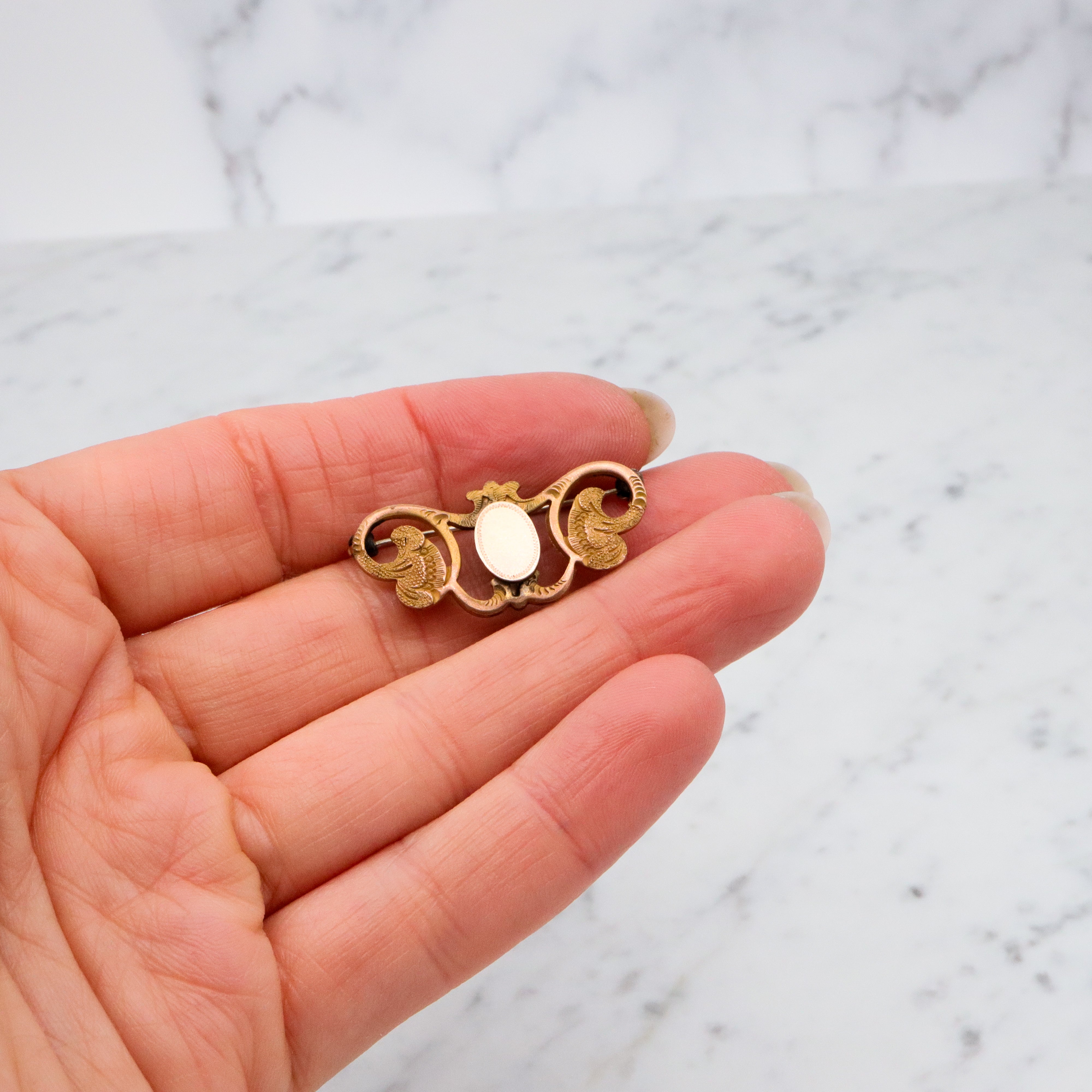 Antique Victorian Rococo style gilt metal floral vine & plaque watch clip pin