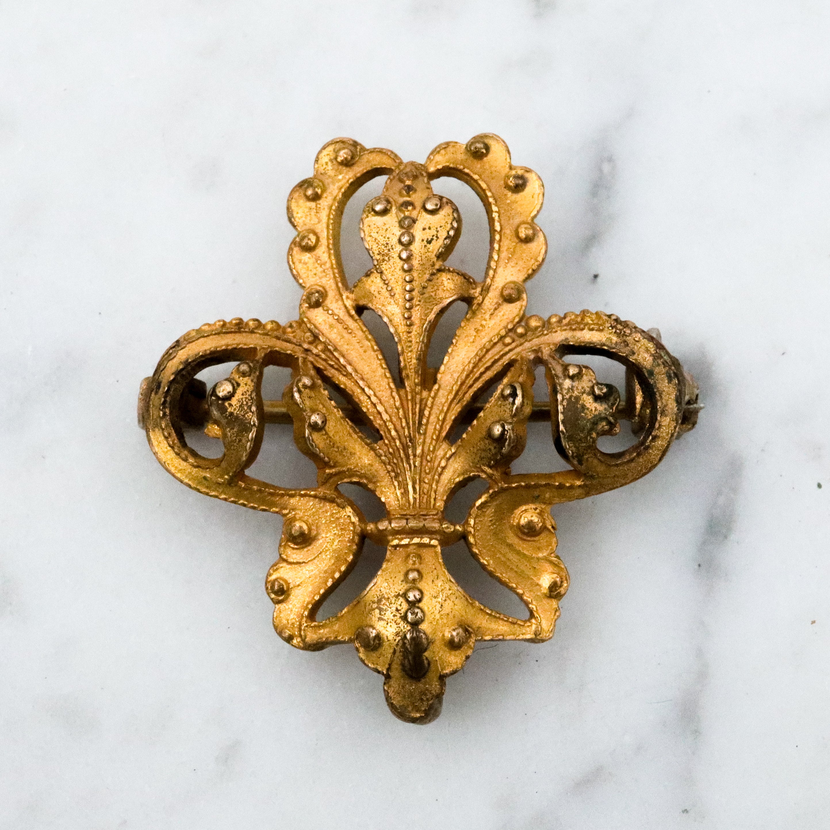 Antique Victorian gilt metal fancy fleur de lis watch clip pin