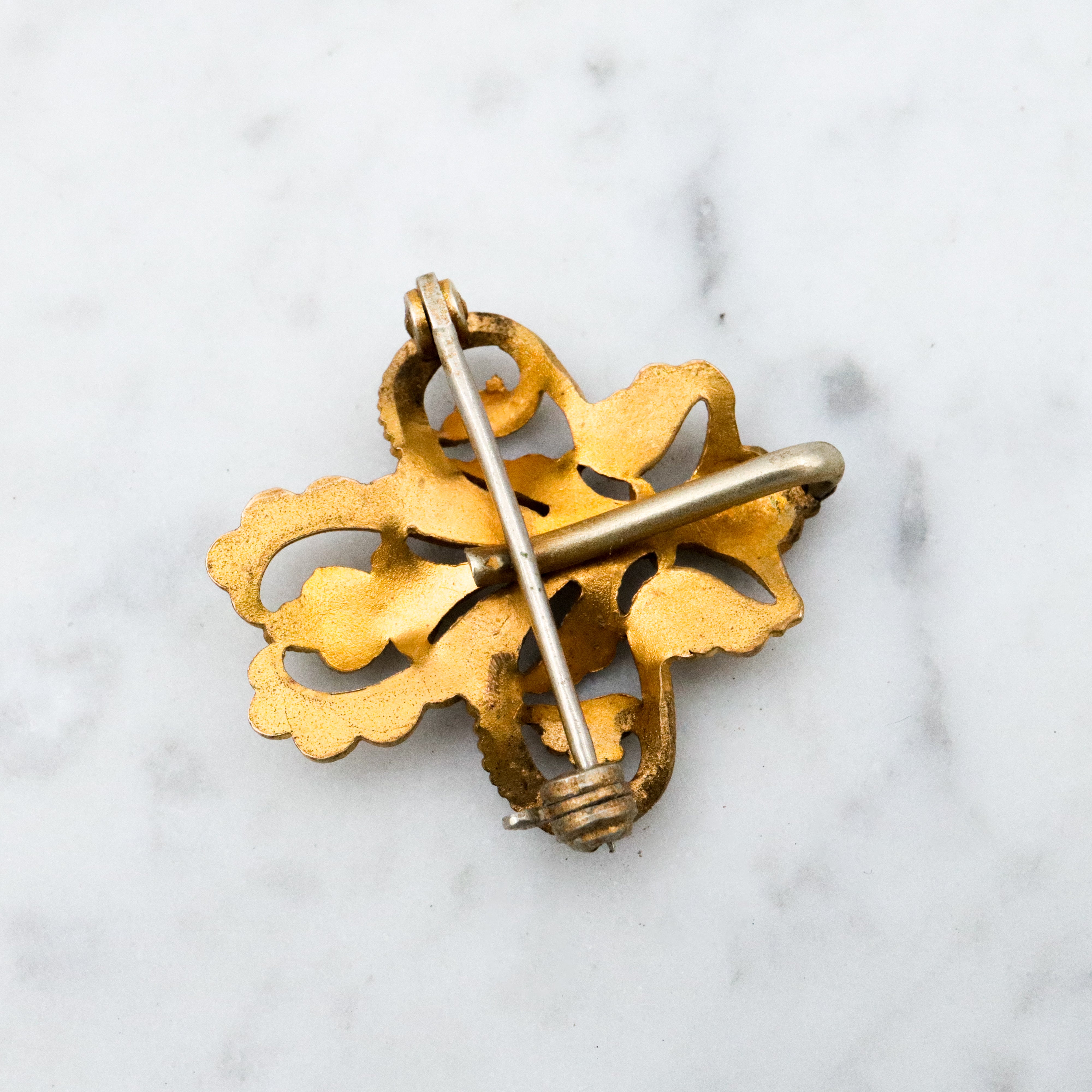 Antique Victorian gilt metal fancy fleur de lis watch clip pin