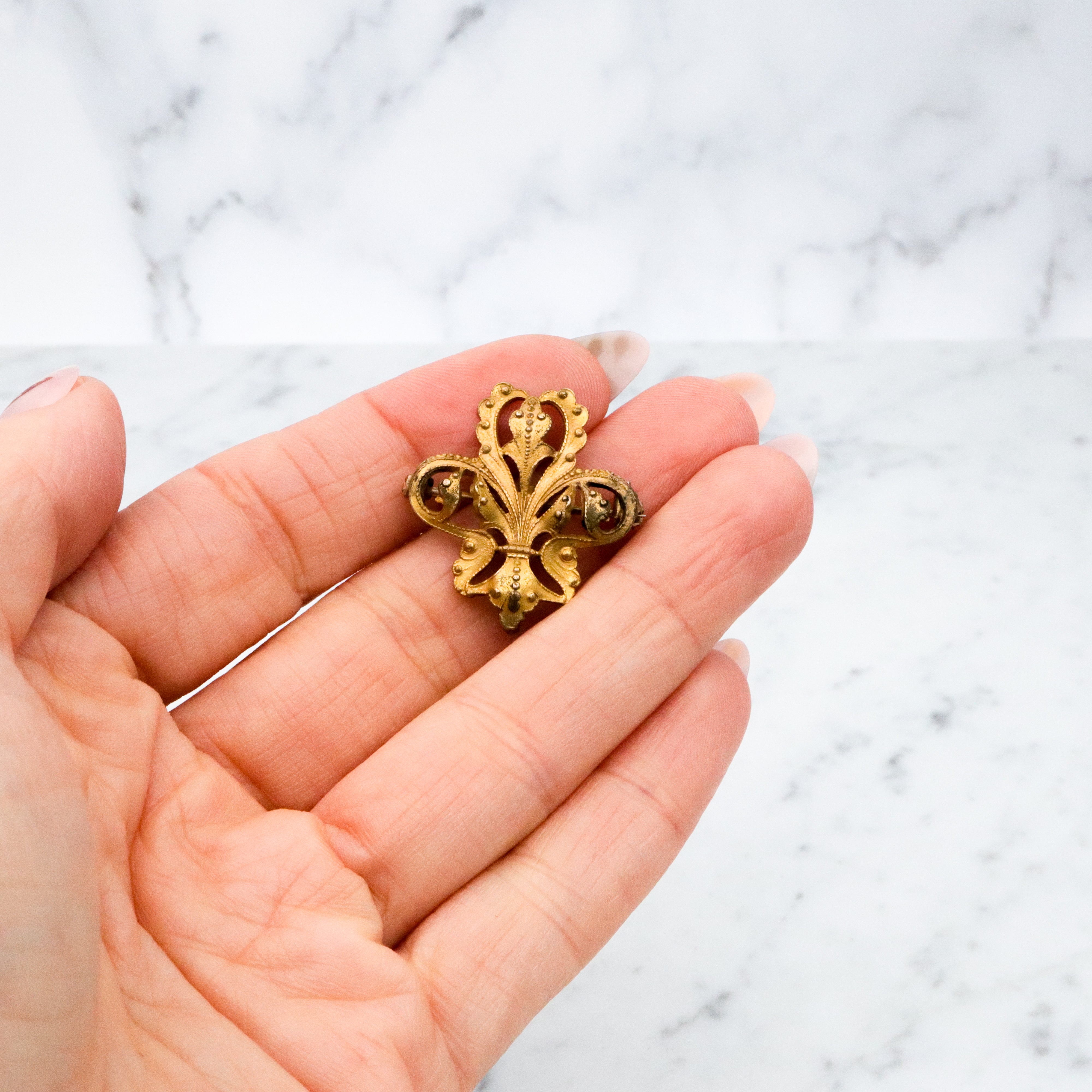 Antique Victorian gilt metal fancy fleur de lis watch clip pin