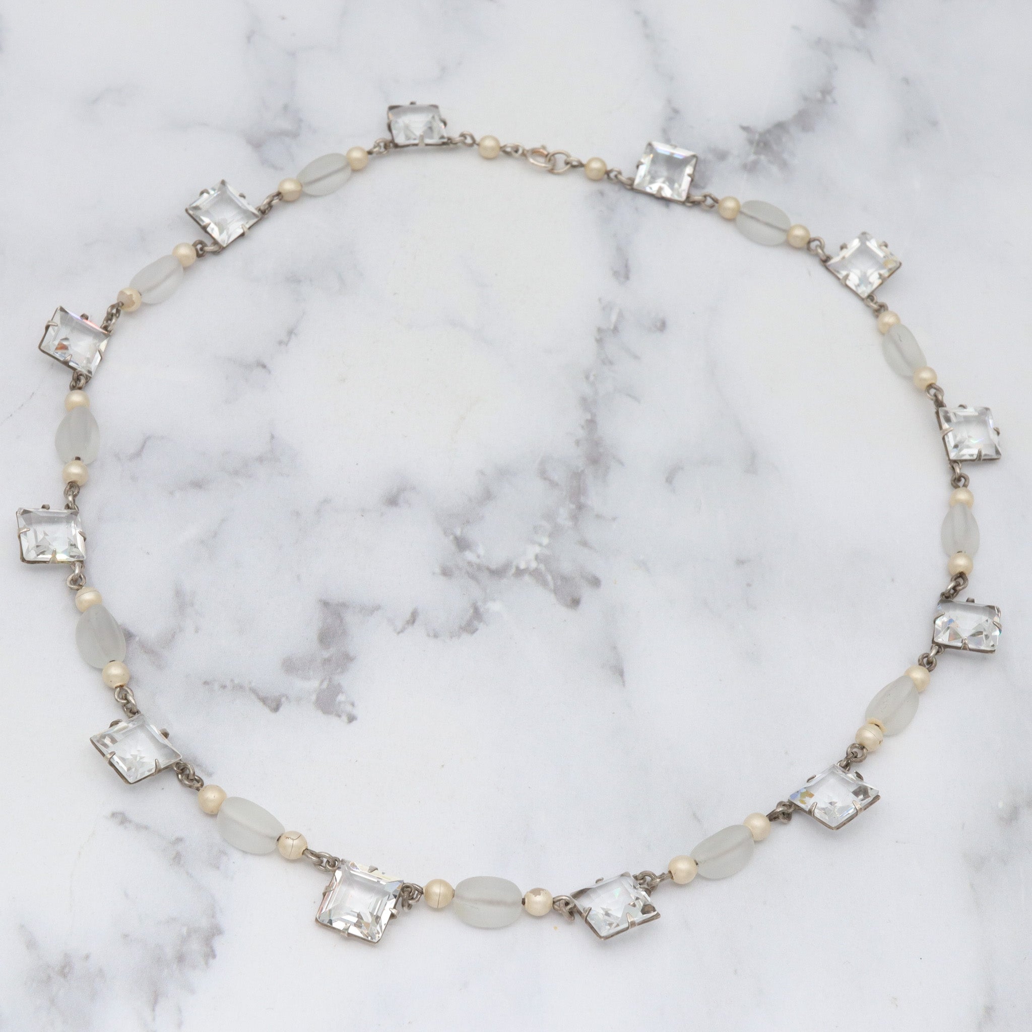 Antique Art Deco square cut crystal & frosted glass choker necklace