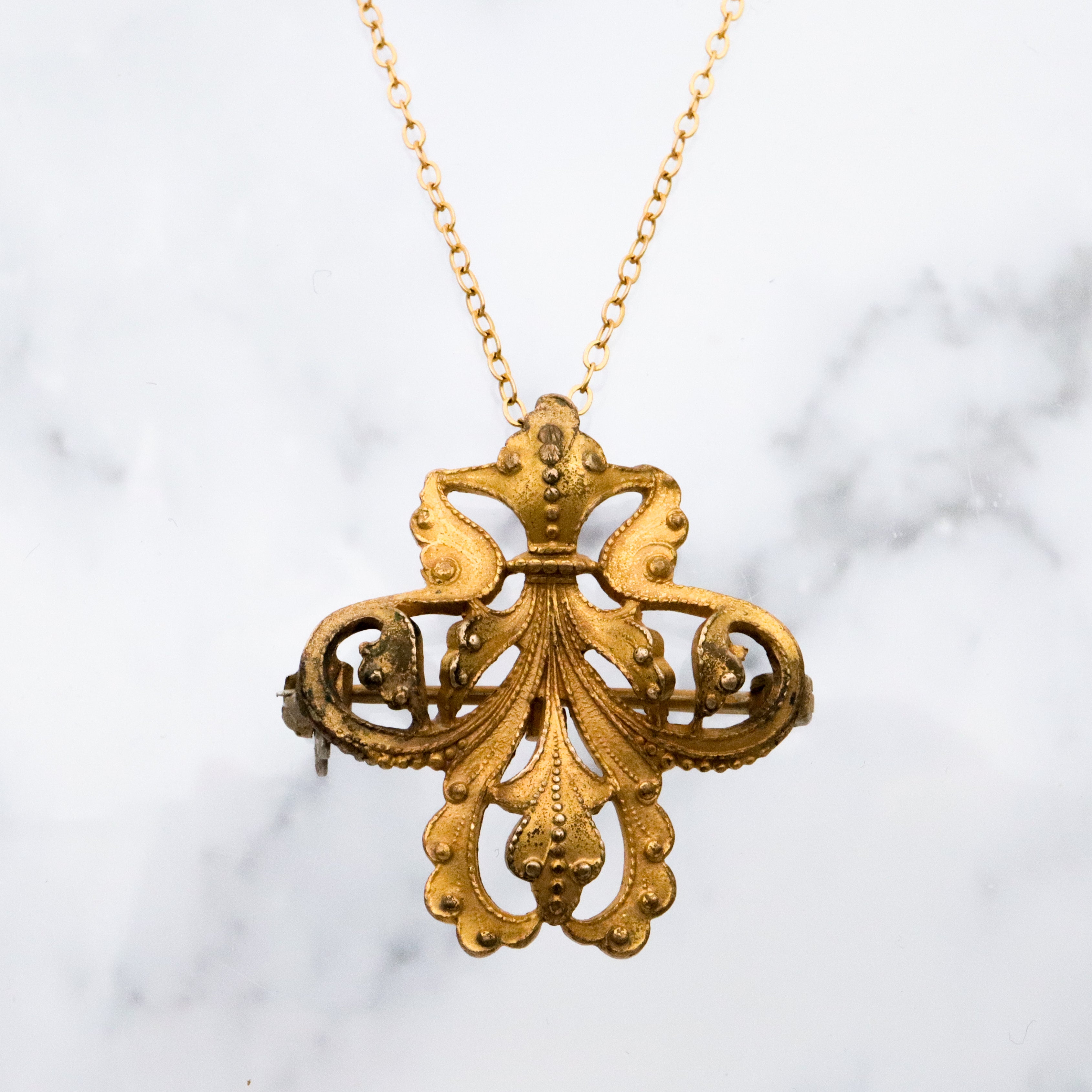 Antique Victorian gilt metal fancy fleur de lis watch clip pin