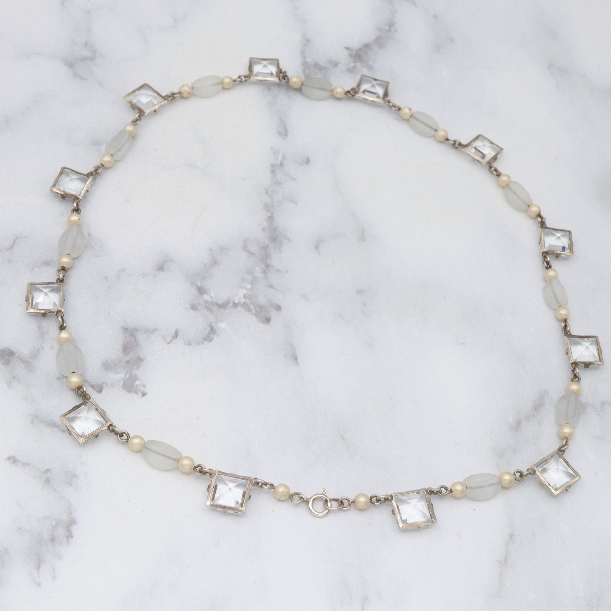 Antique Art Deco square cut crystal & frosted glass choker necklace