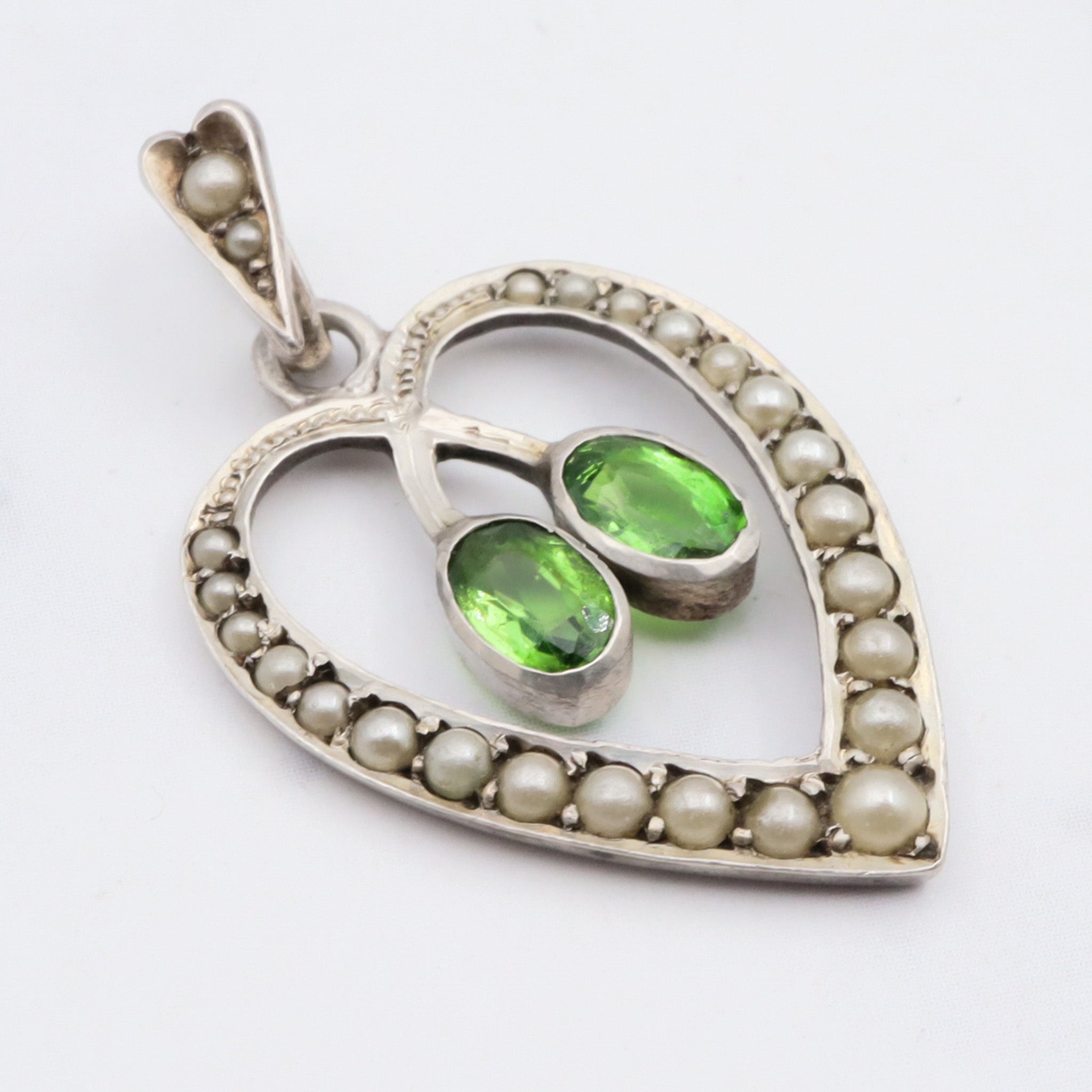 Antique victorian german 935 silver green paste and split pearl heart pendant