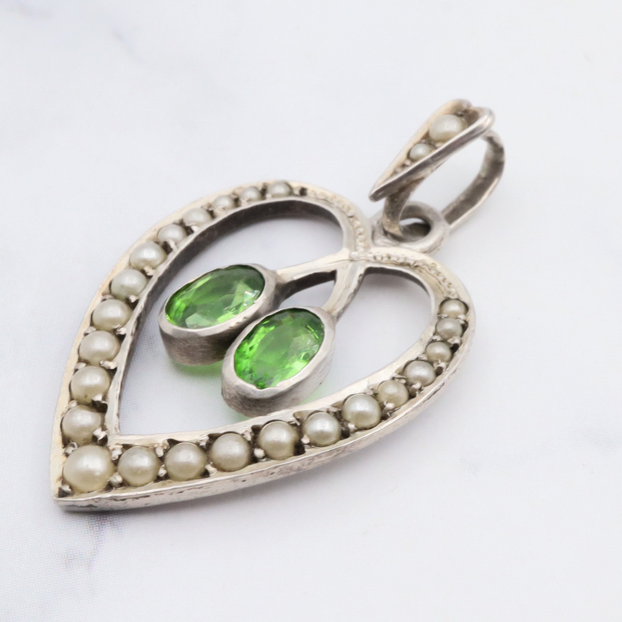 Antique victorian german 935 silver green paste and split pearl heart pendant