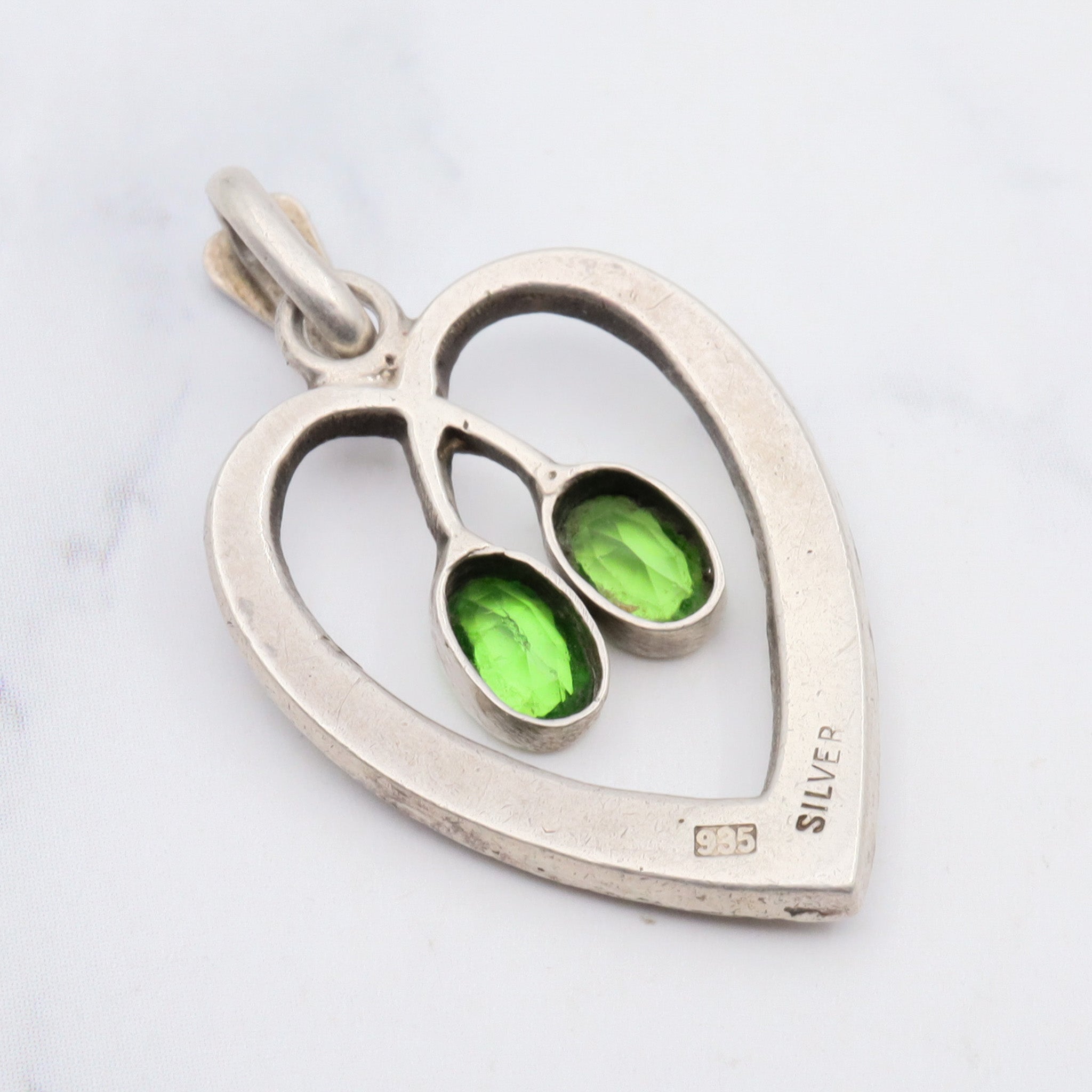 Antique victorian german 935 silver green paste and split pearl heart pendant