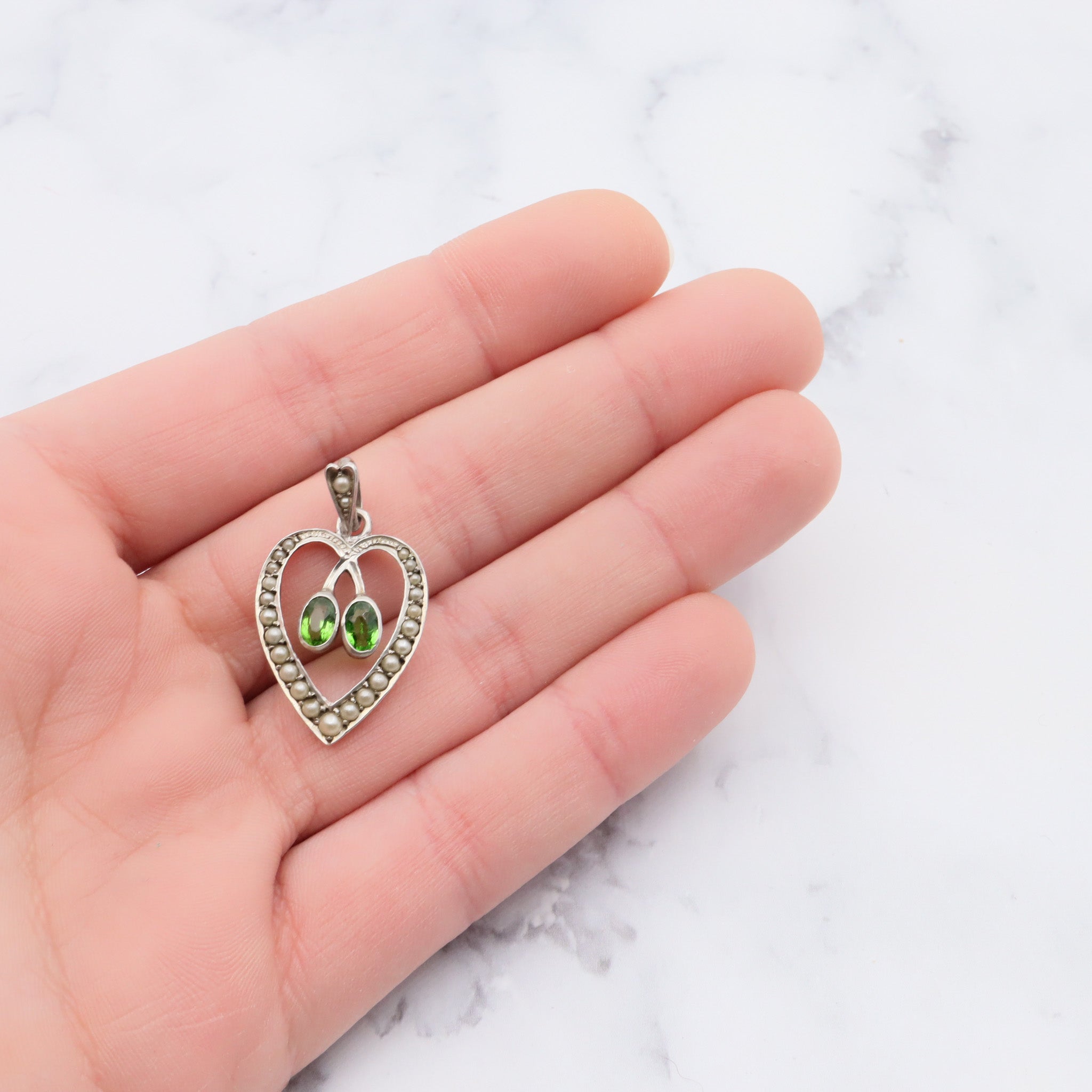 Antique victorian german 935 silver green paste and split pearl heart pendant