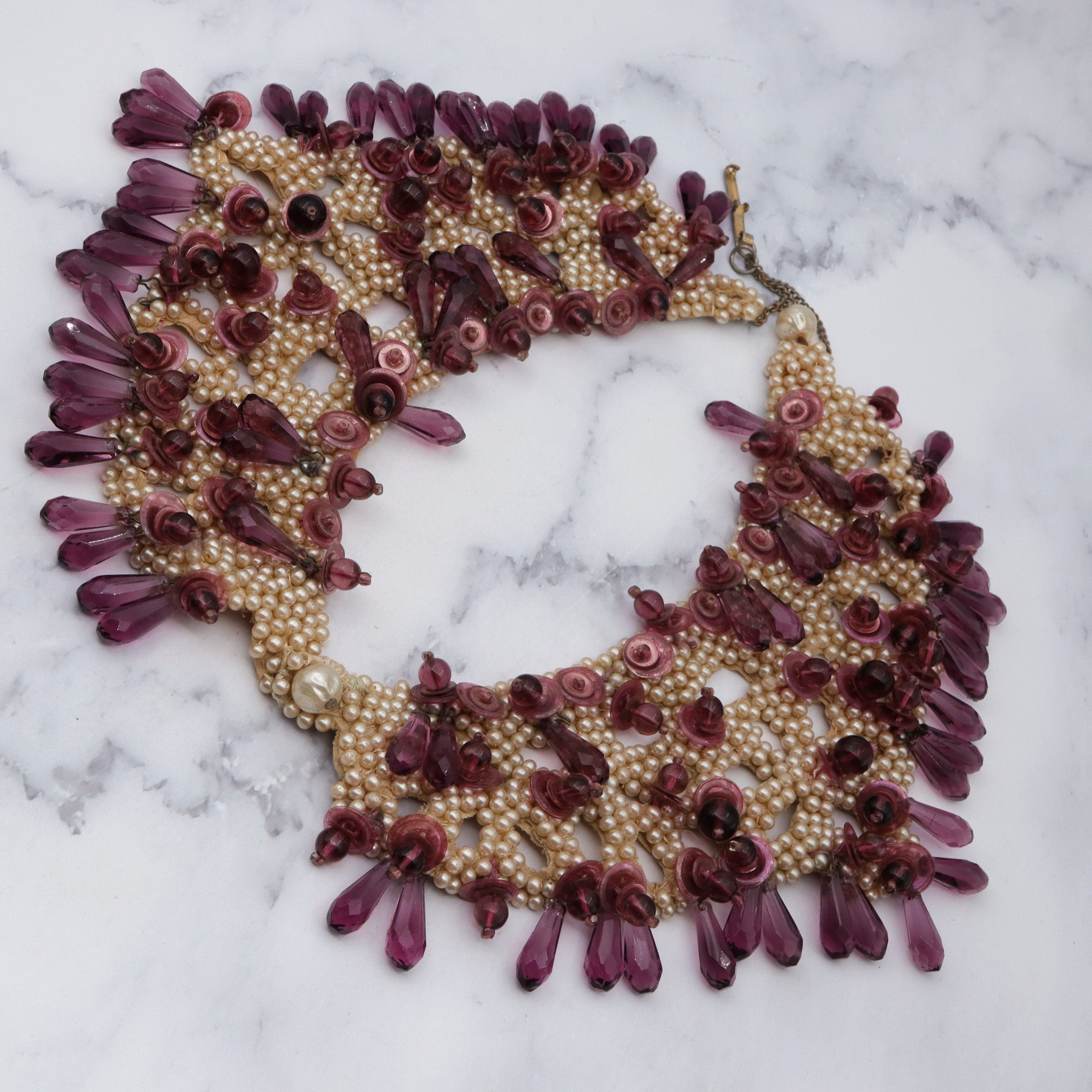 Antique Late 1800s hand woven faux pearl and amethyst glass drop collar