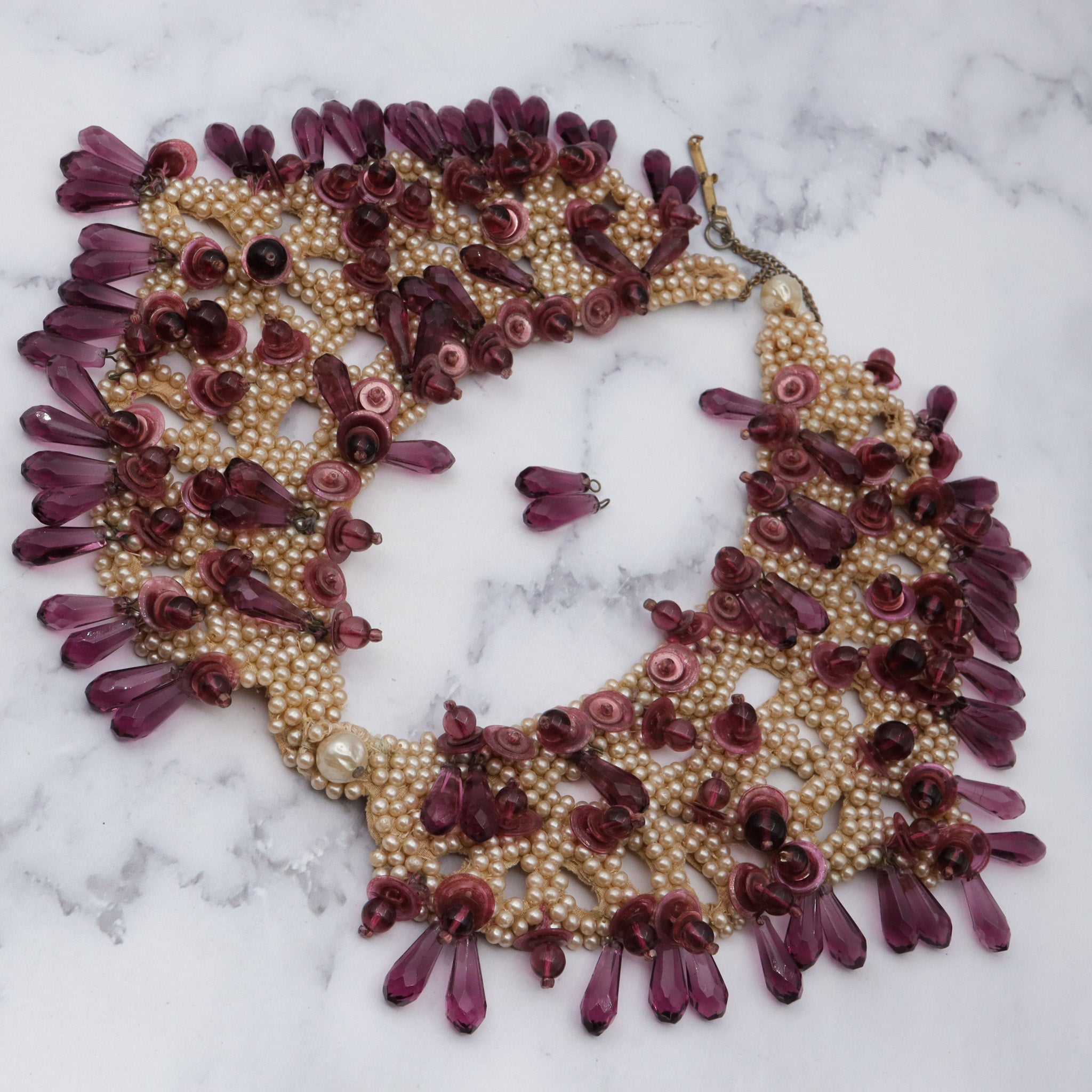 Antique Late 1800s hand woven faux pearl and amethyst glass drop collar