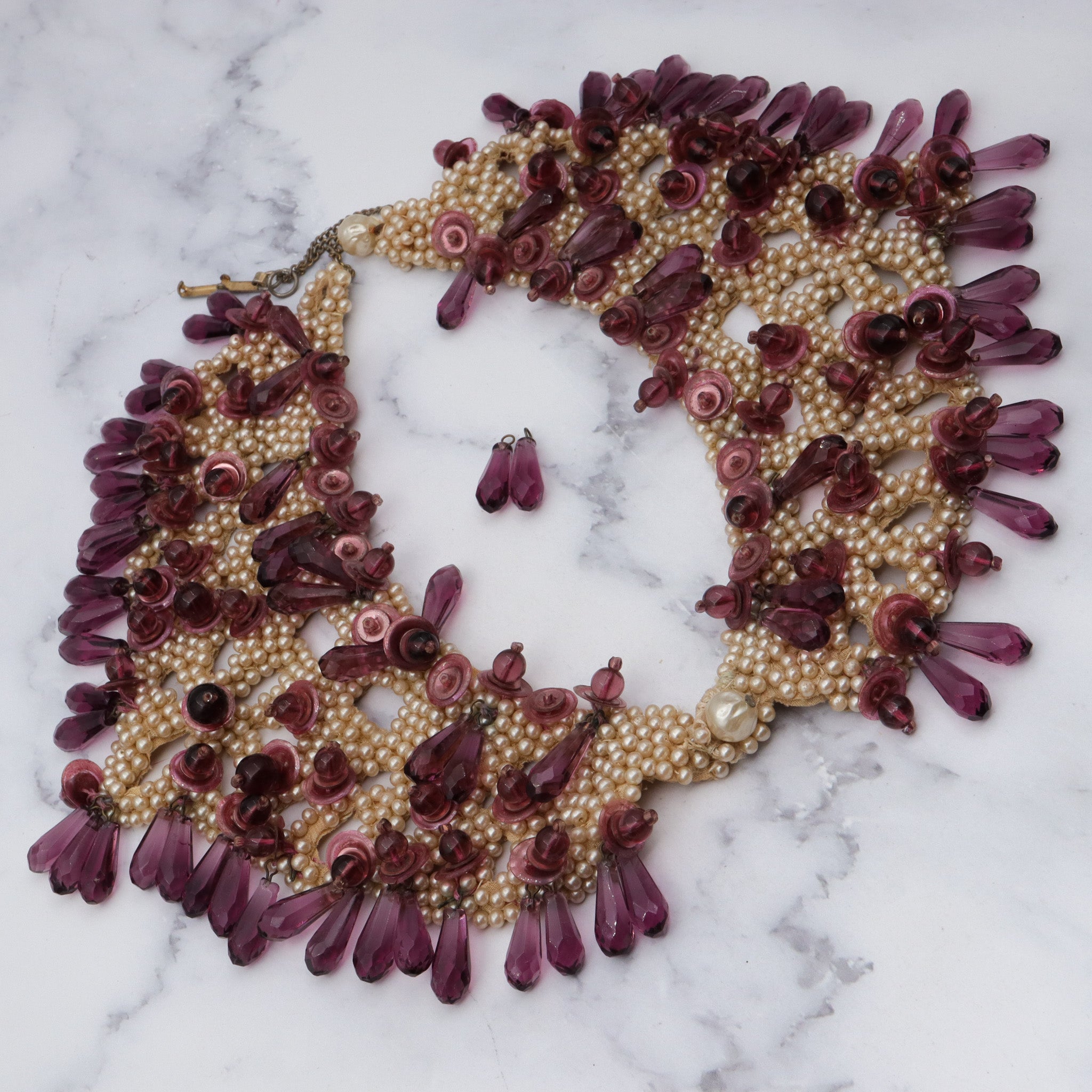Antique Late 1800s hand woven faux pearl and amethyst glass drop collar