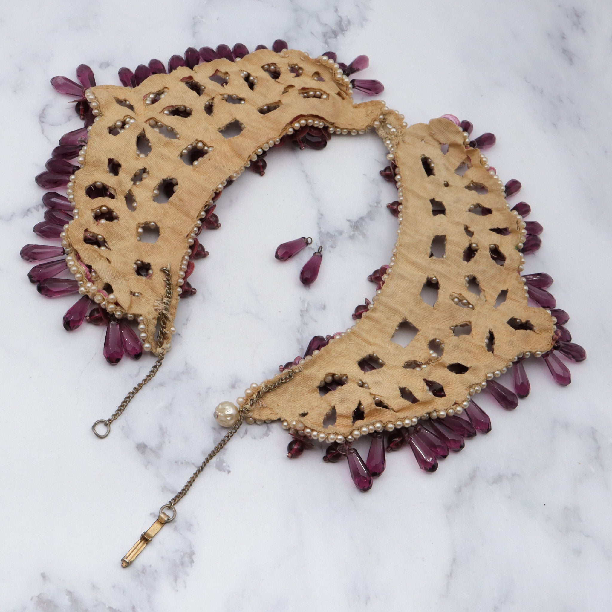 Antique Late 1800s hand woven faux pearl and amethyst glass drop collar