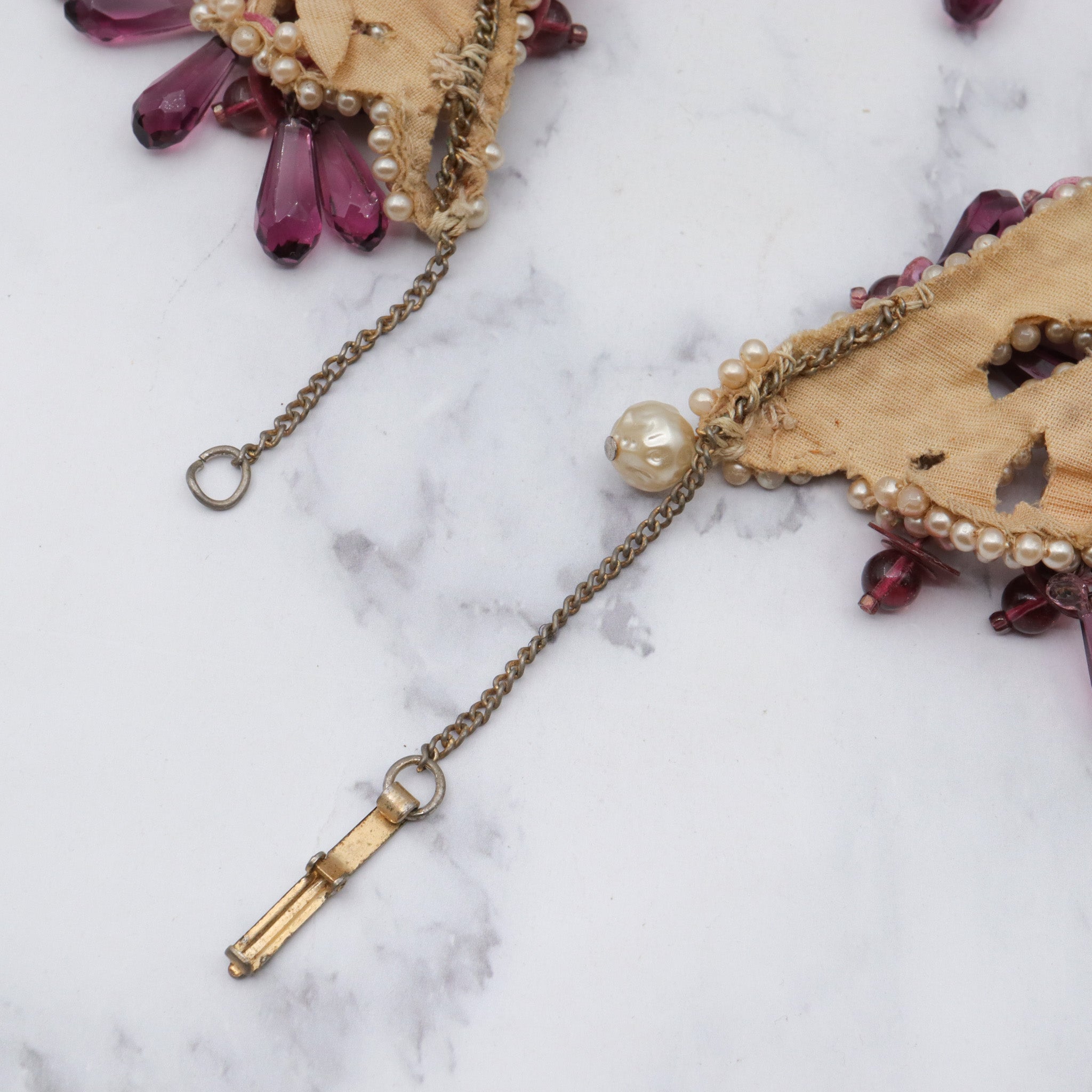 Antique Late 1800s hand woven faux pearl and amethyst glass drop collar