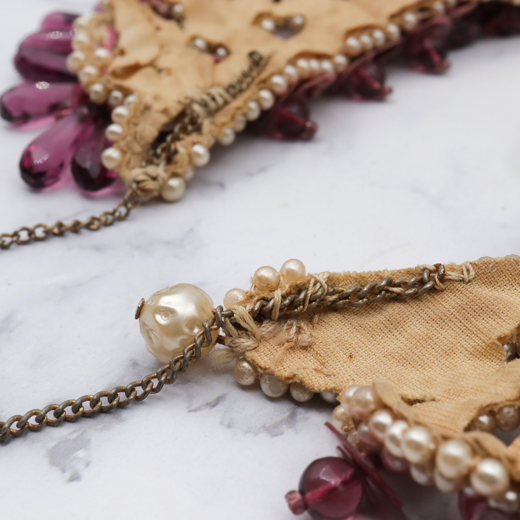 Antique Late 1800s hand woven faux pearl and amethyst glass drop collar