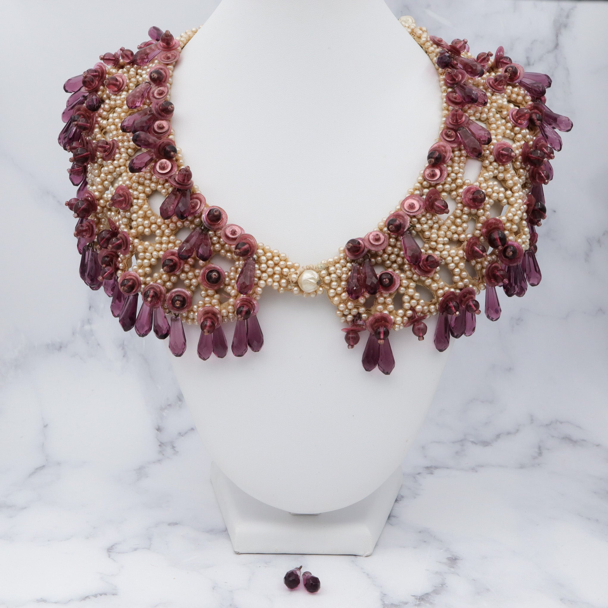 Antique Late 1800s hand woven faux pearl and amethyst glass drop collar