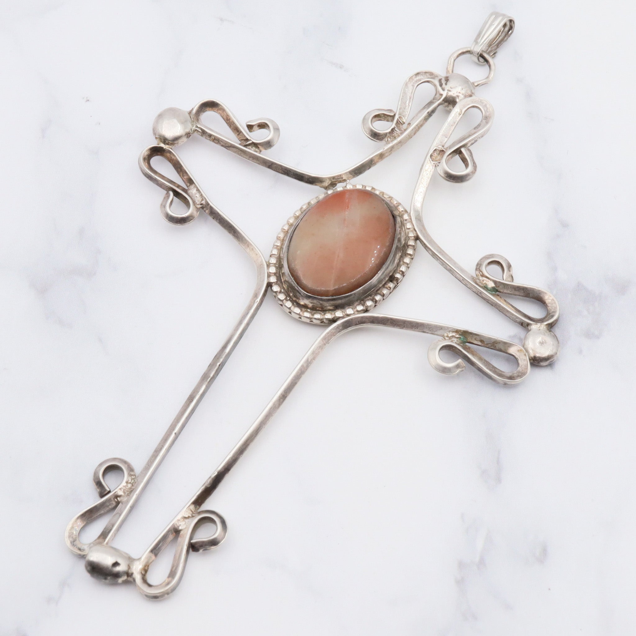 Antique handmade sterling silver & agate cross pendant