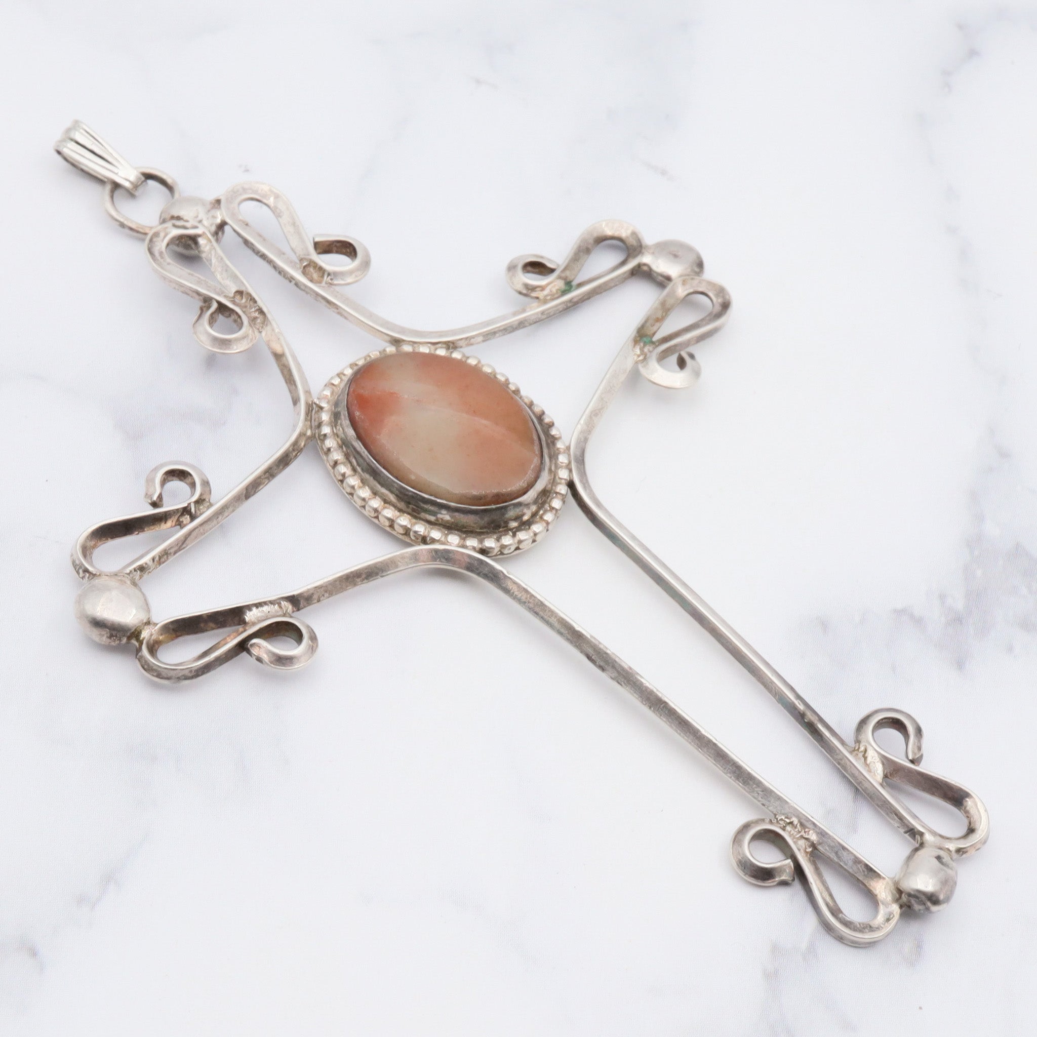 Antique handmade sterling silver & agate cross pendant