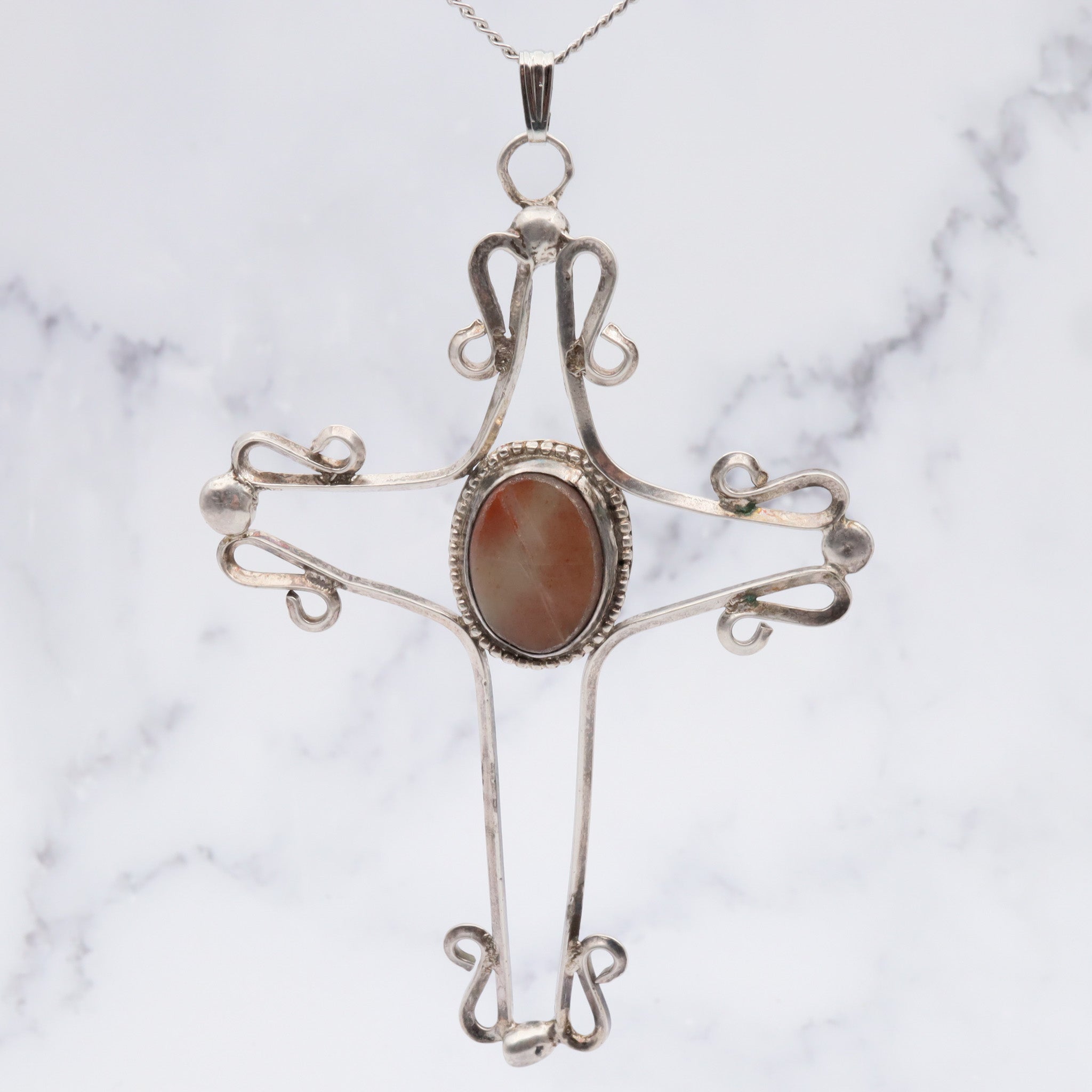 Antique handmade sterling silver & agate cross pendant