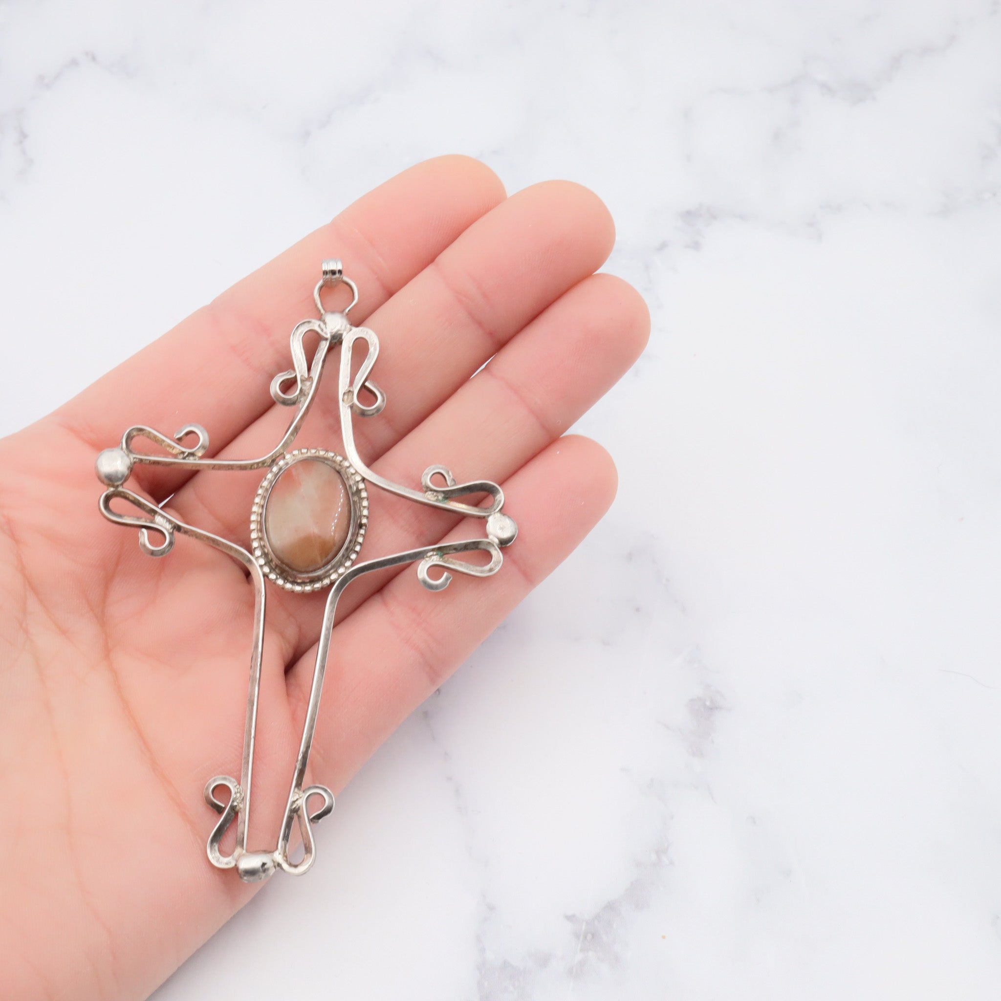 Antique handmade sterling silver & agate cross pendant