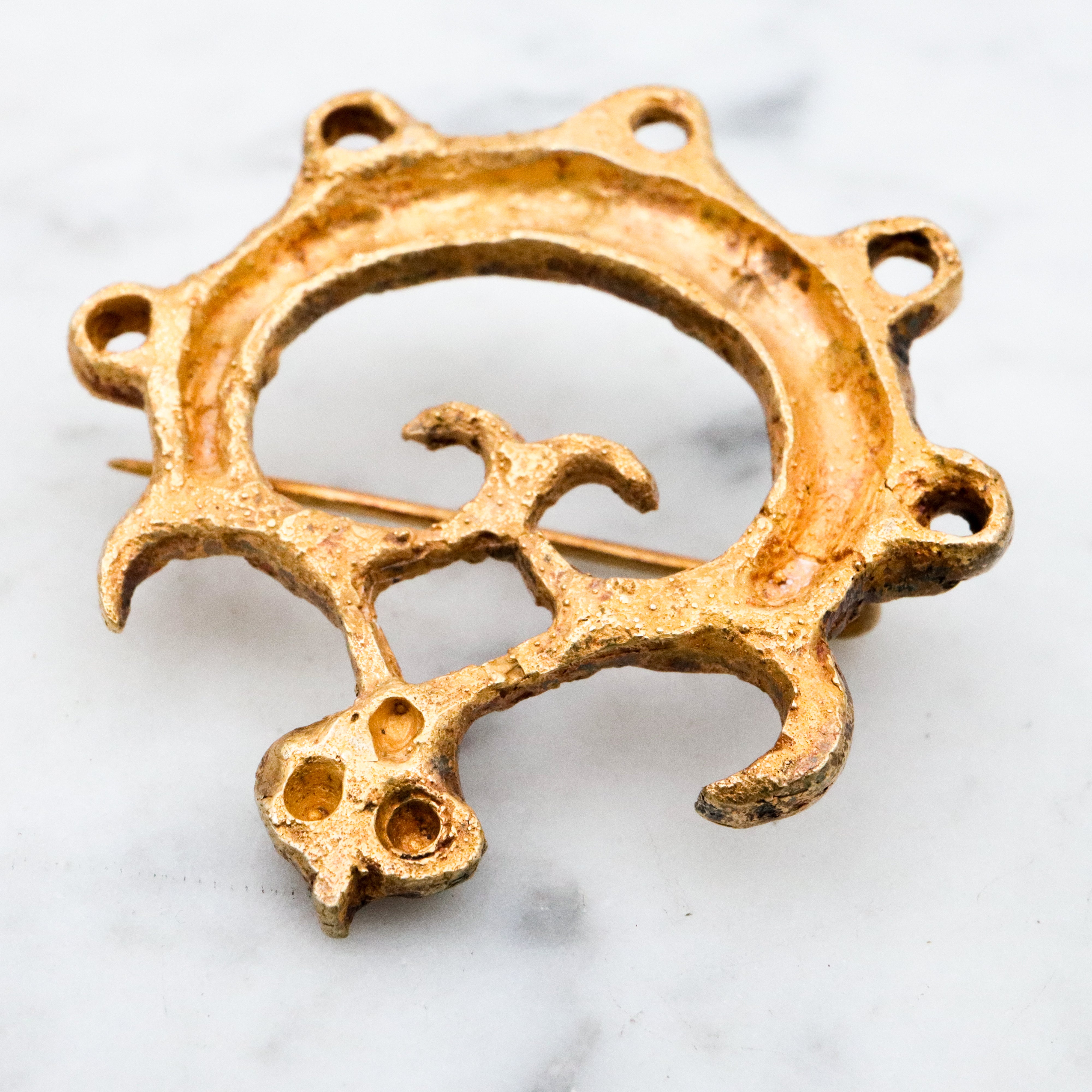 Vintage Pre-Columbian ancient artifact replica gold plated sand cast sterling brooch