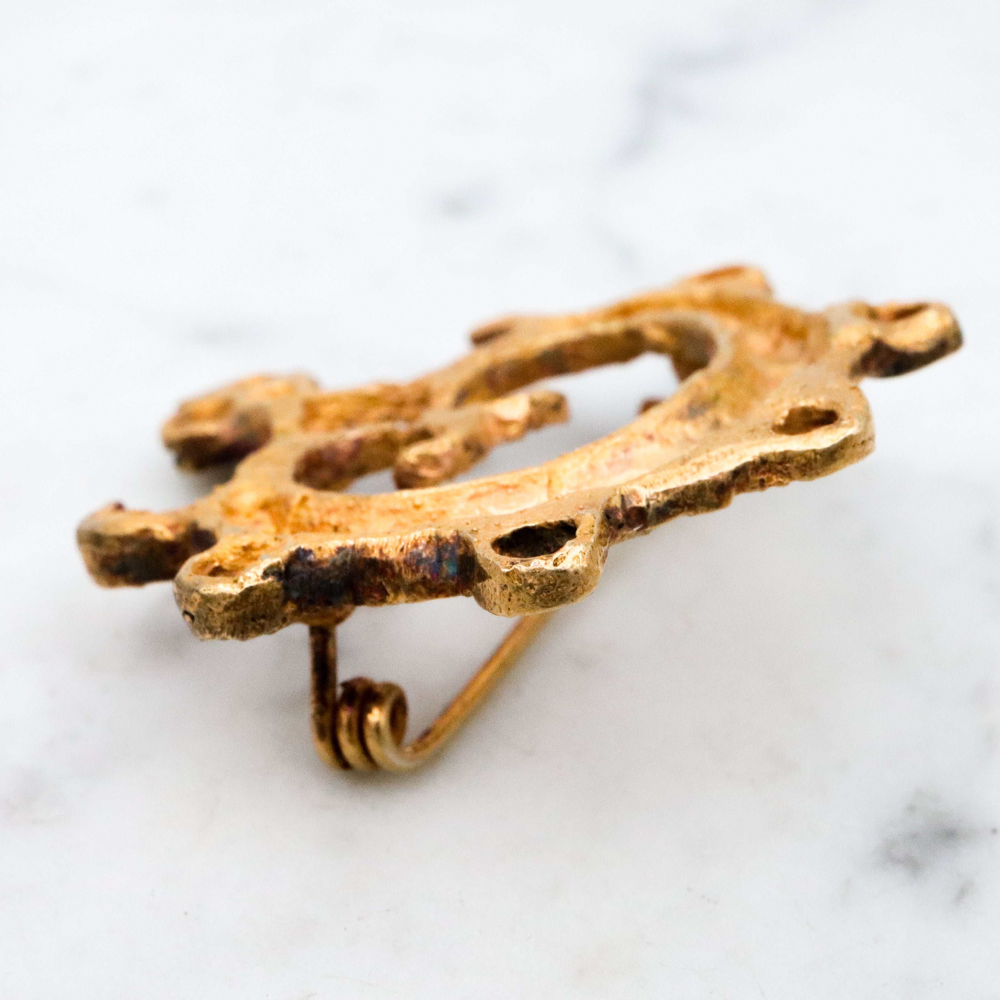 Vintage Pre-Columbian ancient artifact replica gold plated sand cast sterling brooch