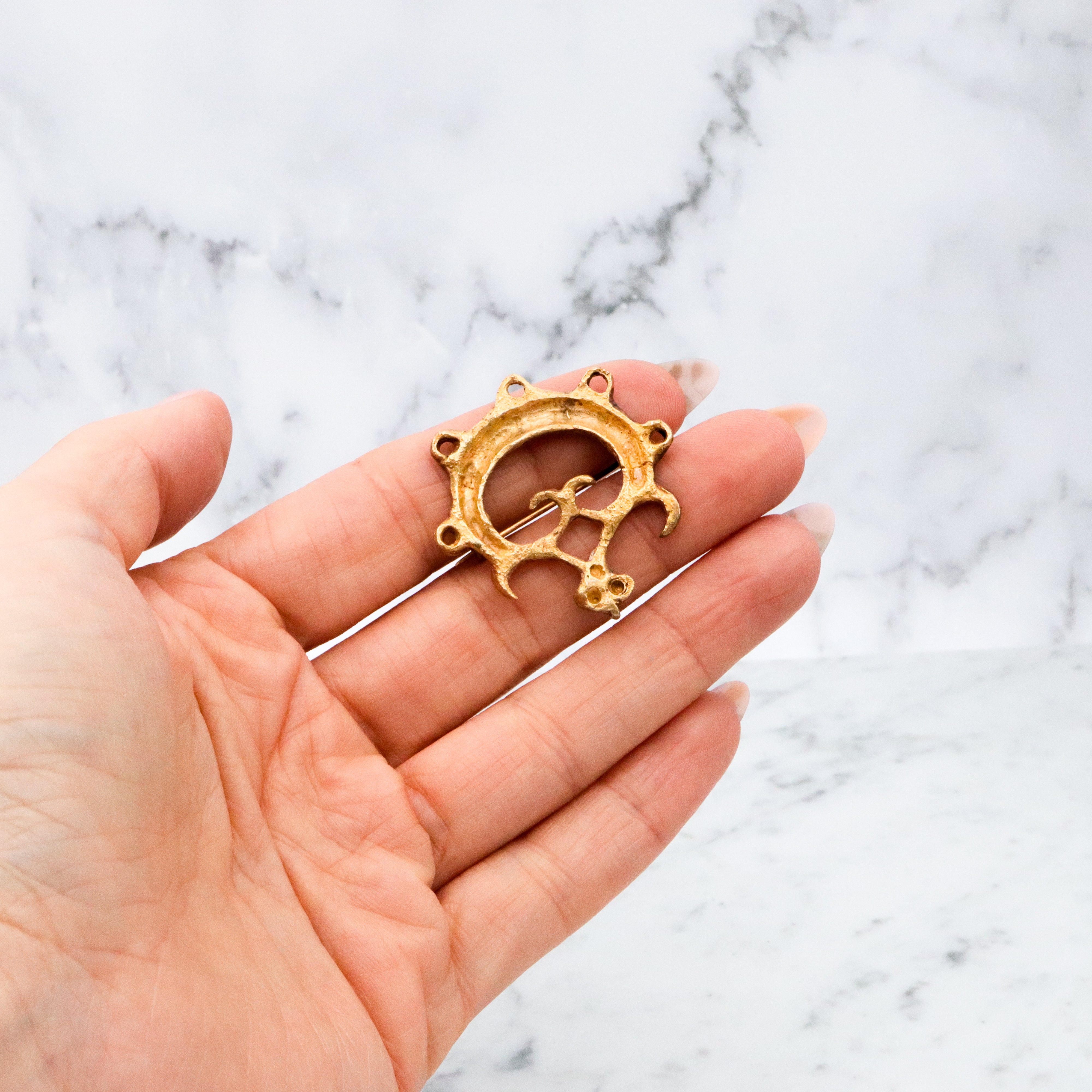 Vintage Pre-Columbian ancient artifact replica gold plated sand cast sterling brooch