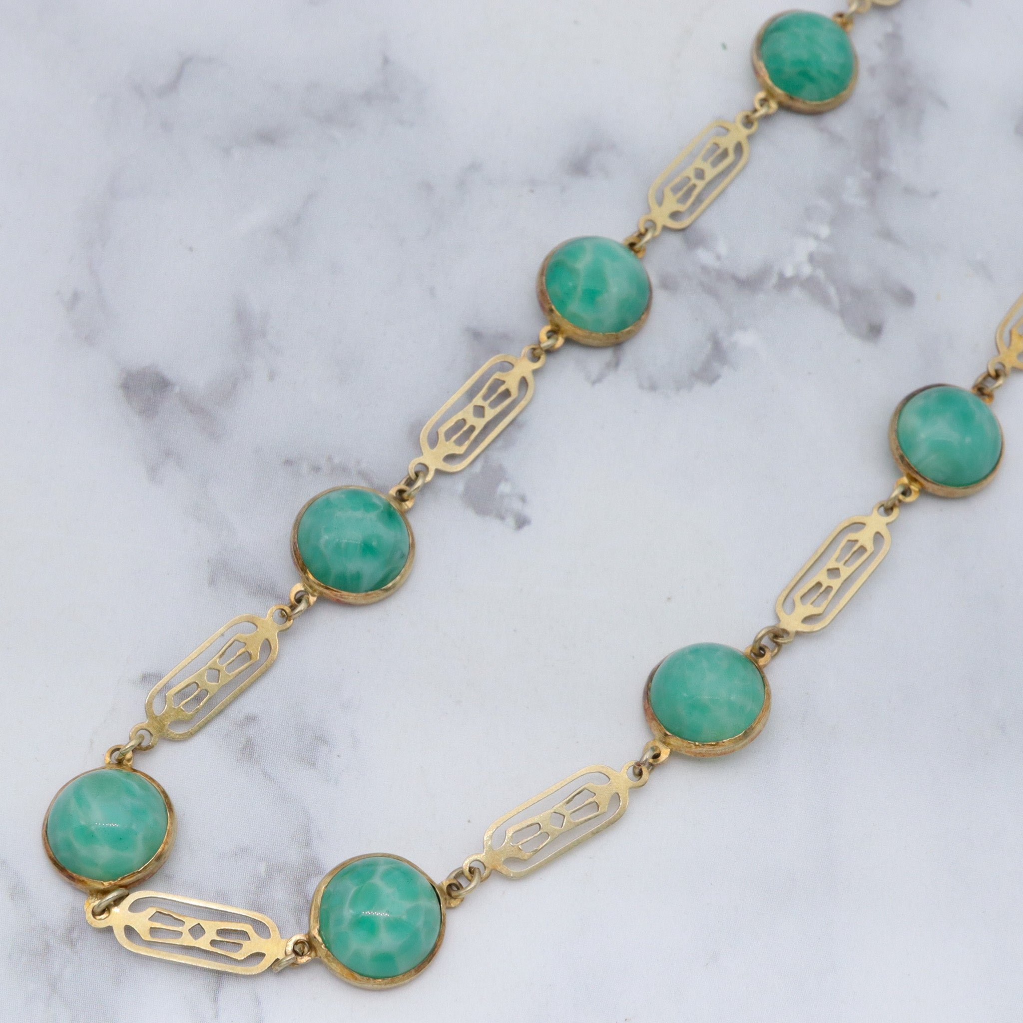 Antique art deco Chinese vermeil sterling tile link & peking glass cabochons necklace - 15"