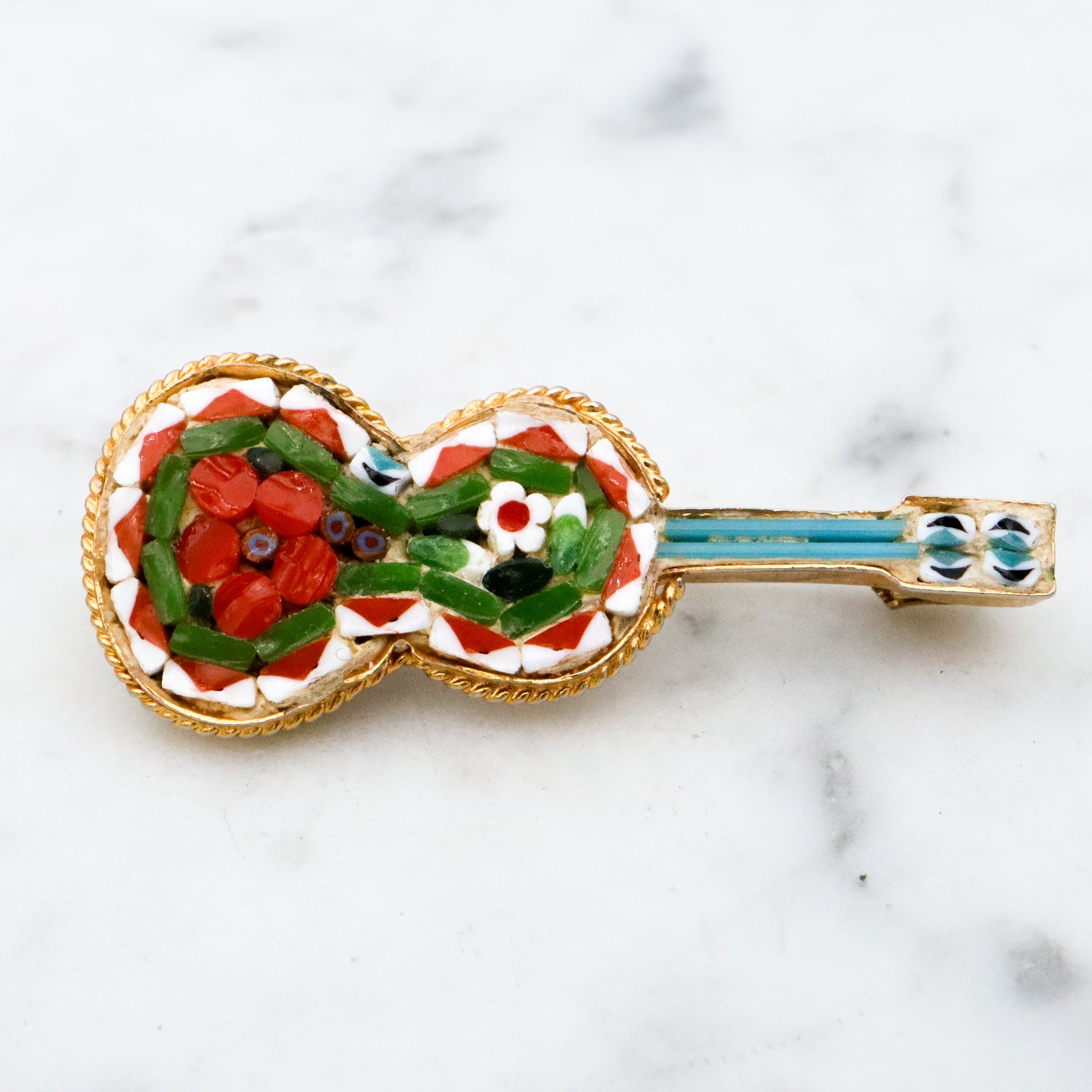 Vintage Italian micro mosaic guitar brooch