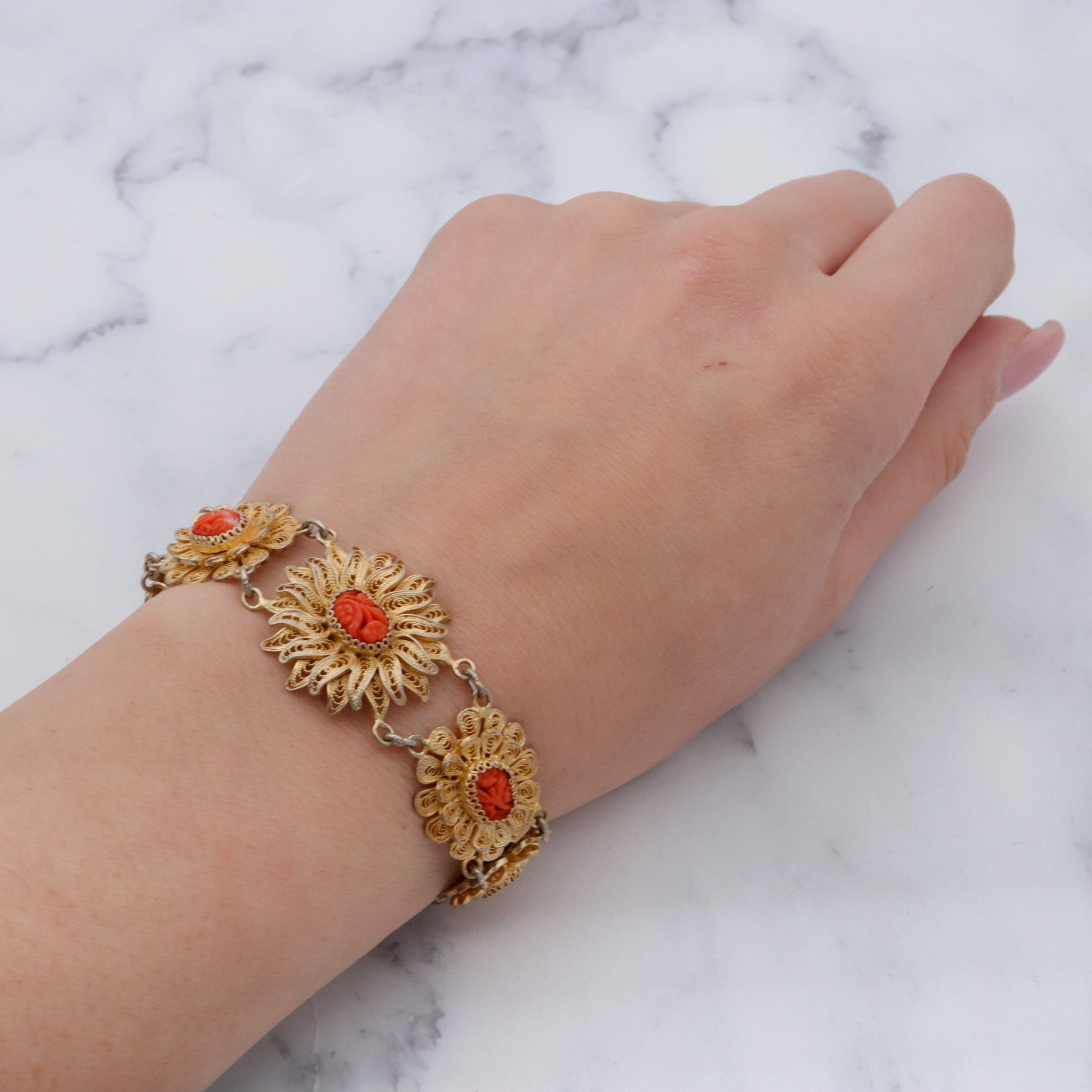 Antique gilt sterling silver filigree with carved coral flower bracelet