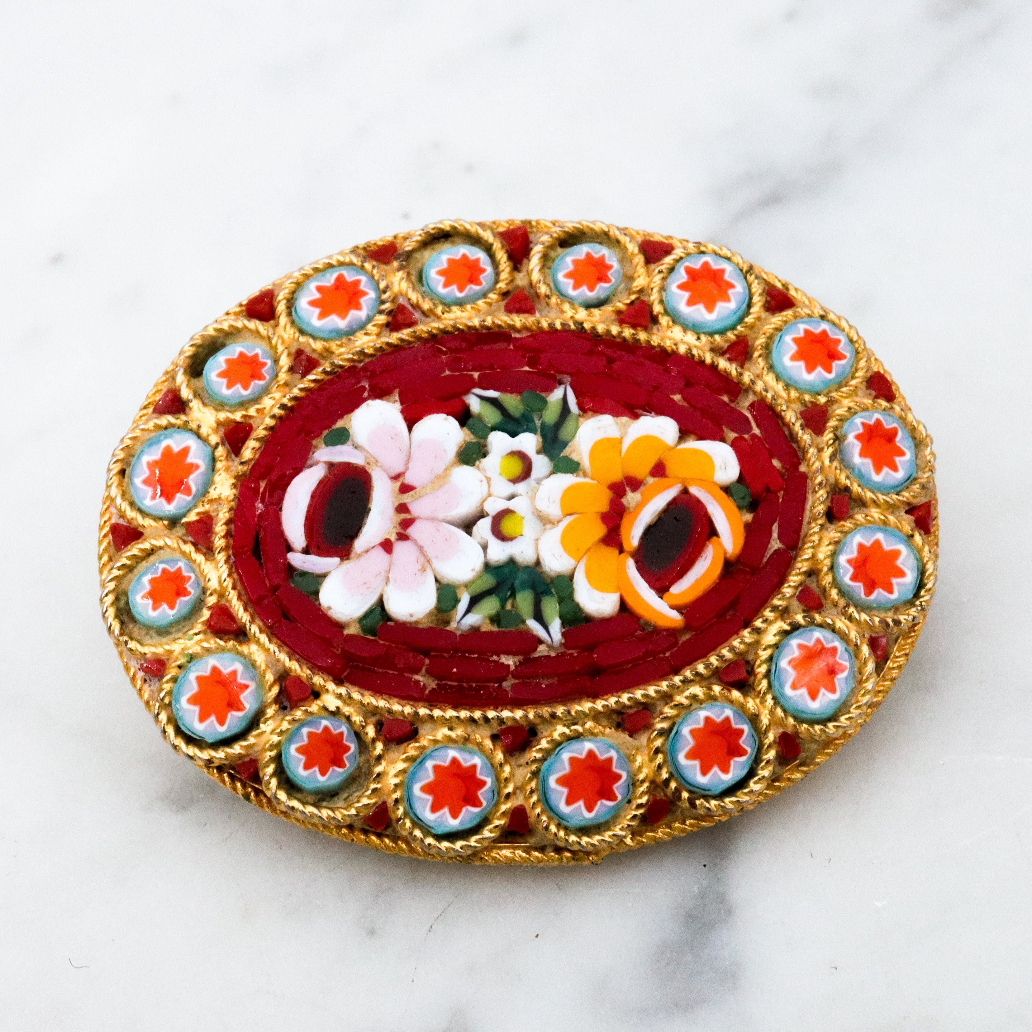 Vintage Italian micro mosaic oval floral brooch