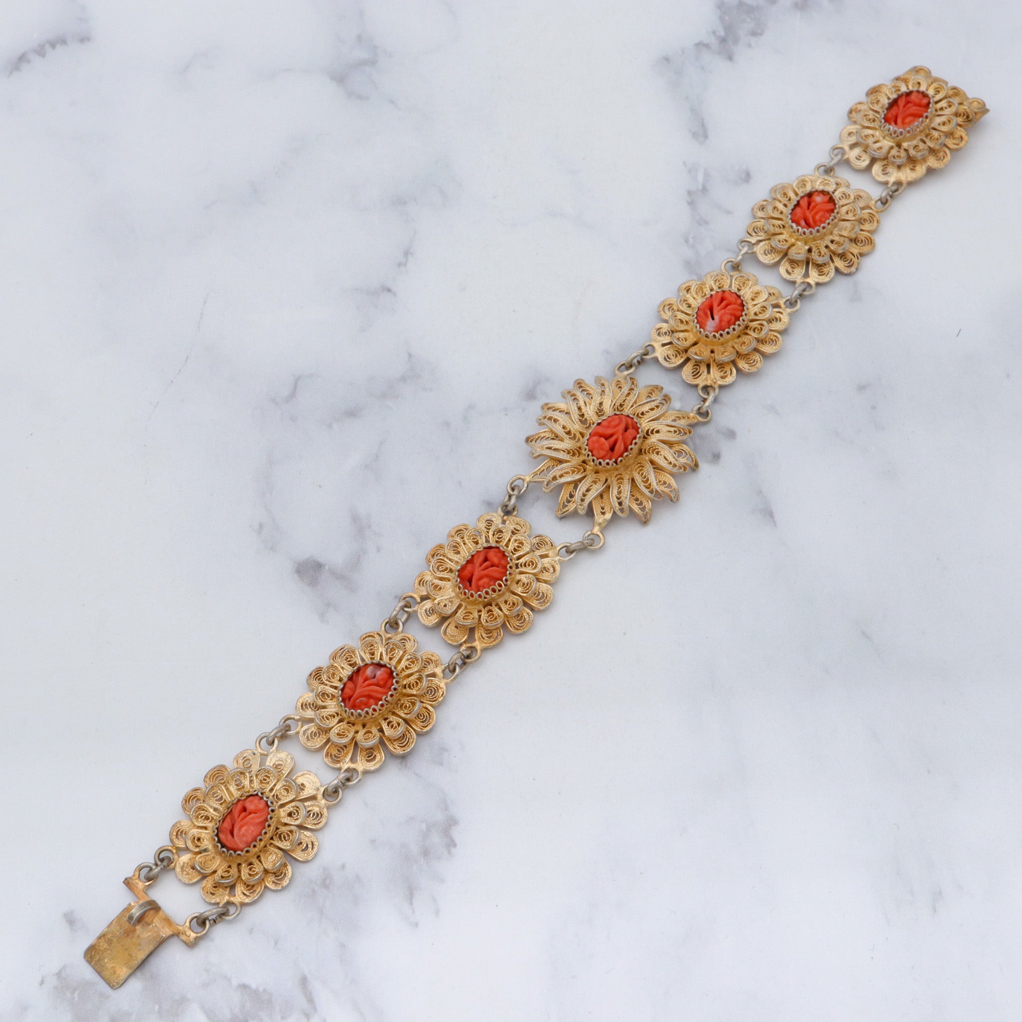 Antique gilt sterling silver filigree with carved coral flower bracelet