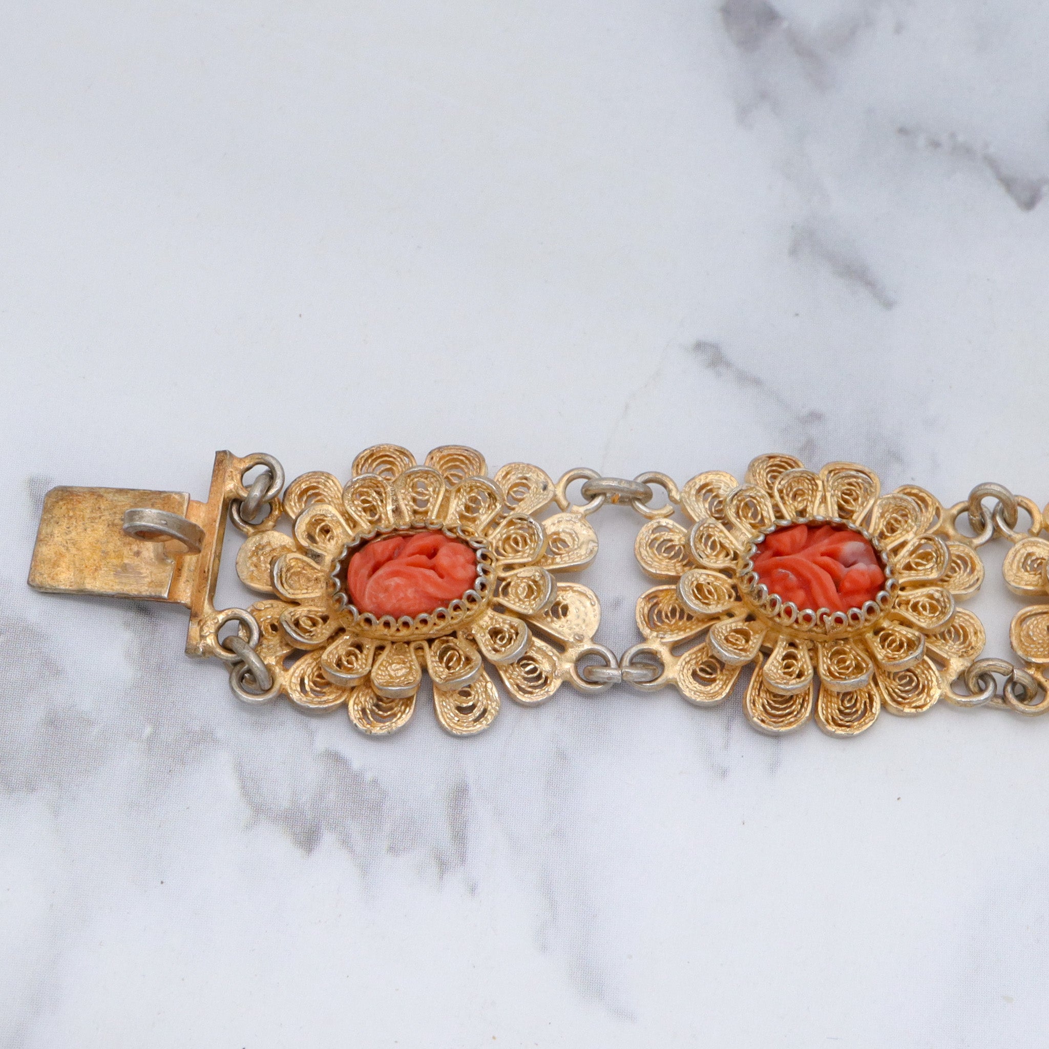 Antique gilt sterling silver filigree with carved coral flower bracelet