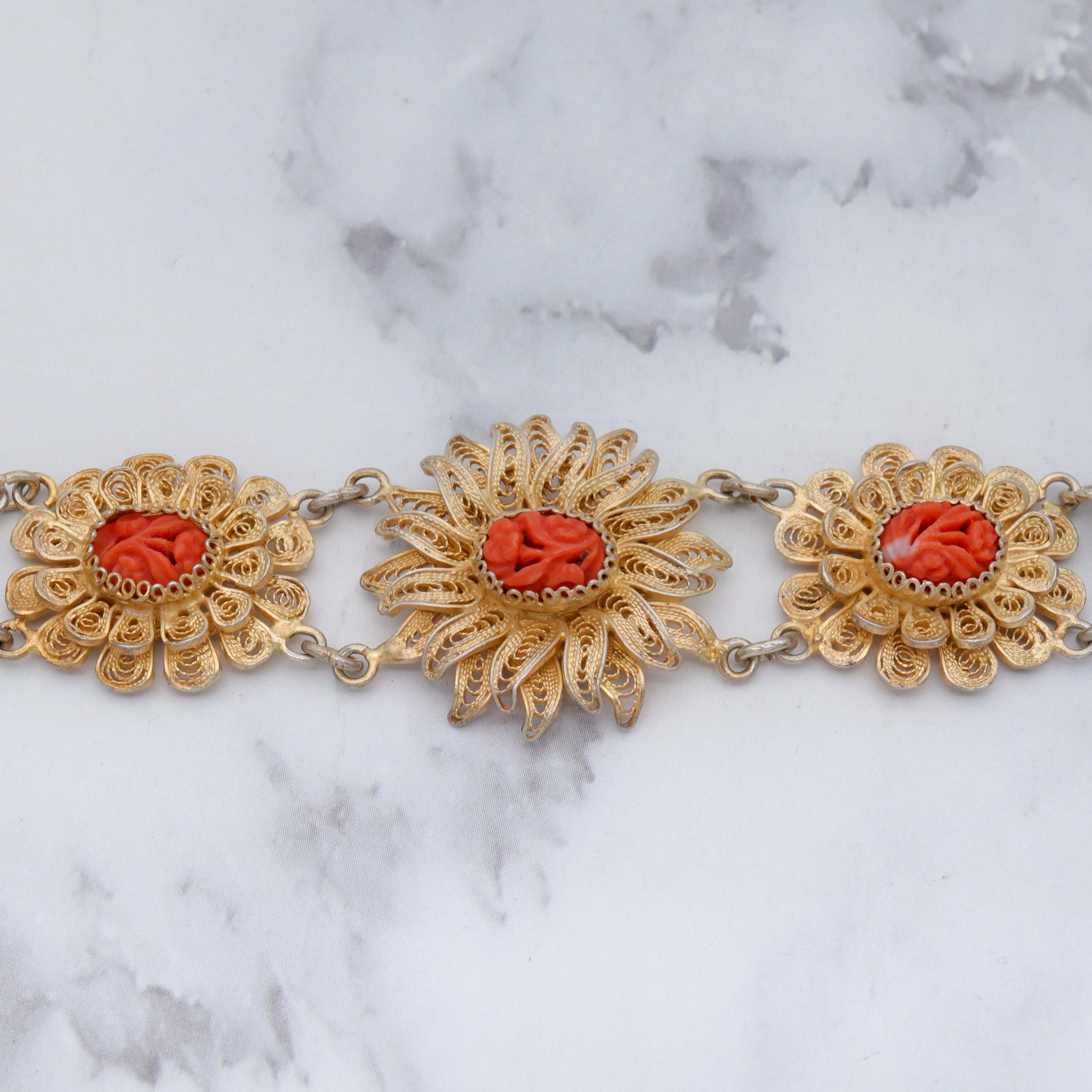 Antique gilt sterling silver filigree with carved coral flower bracelet