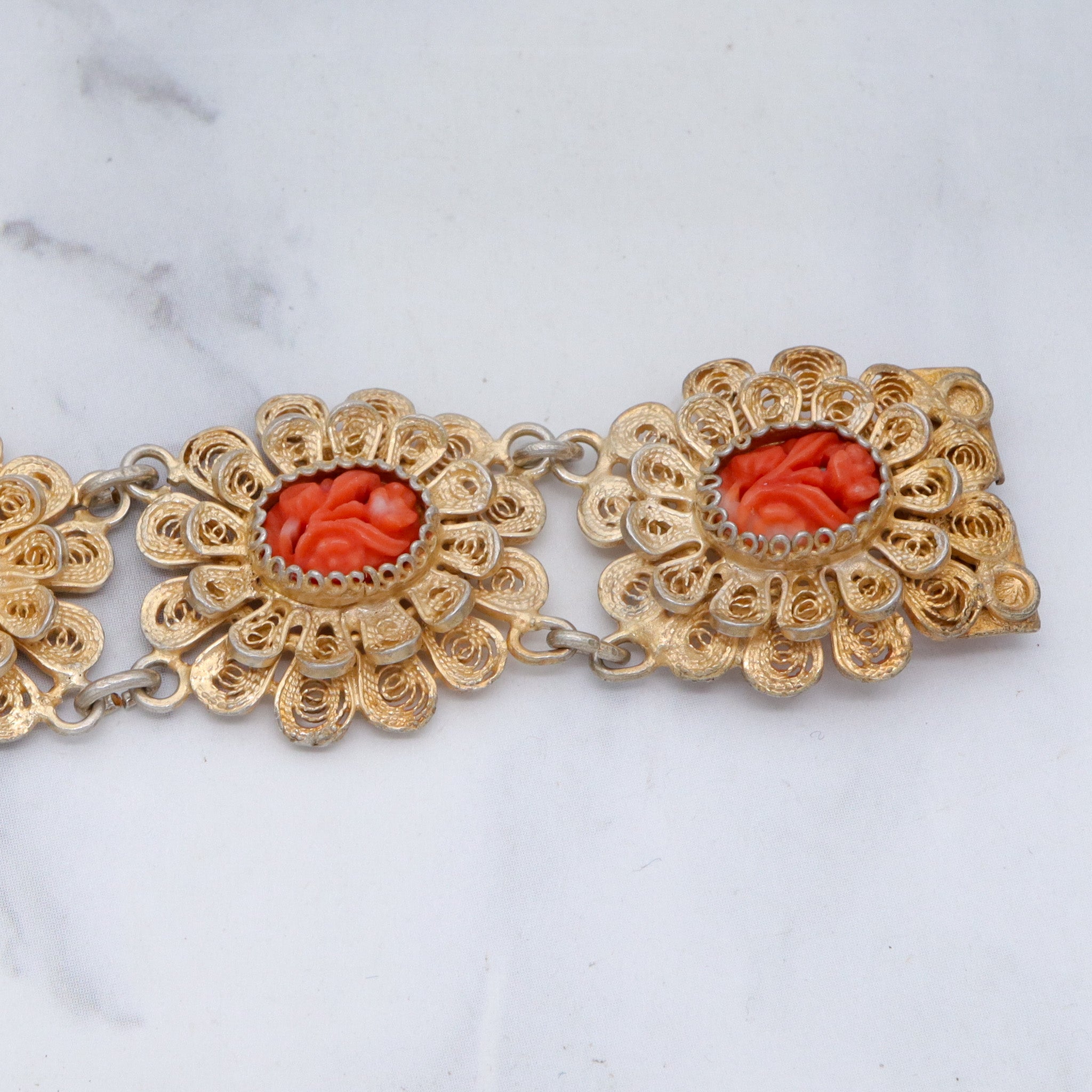 Antique gilt sterling silver filigree with carved coral flower bracelet