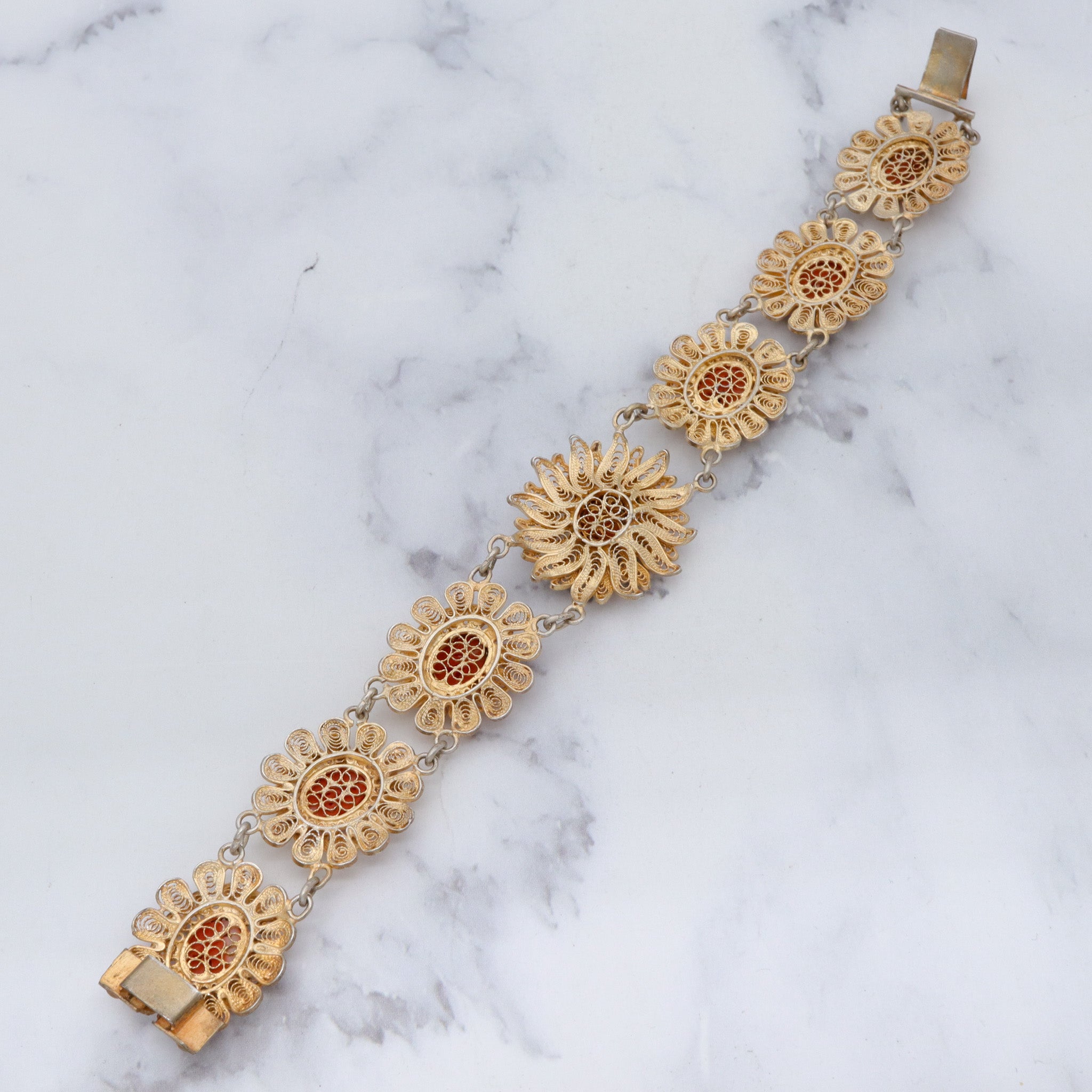 Antique gilt sterling silver filigree with carved coral flower bracelet
