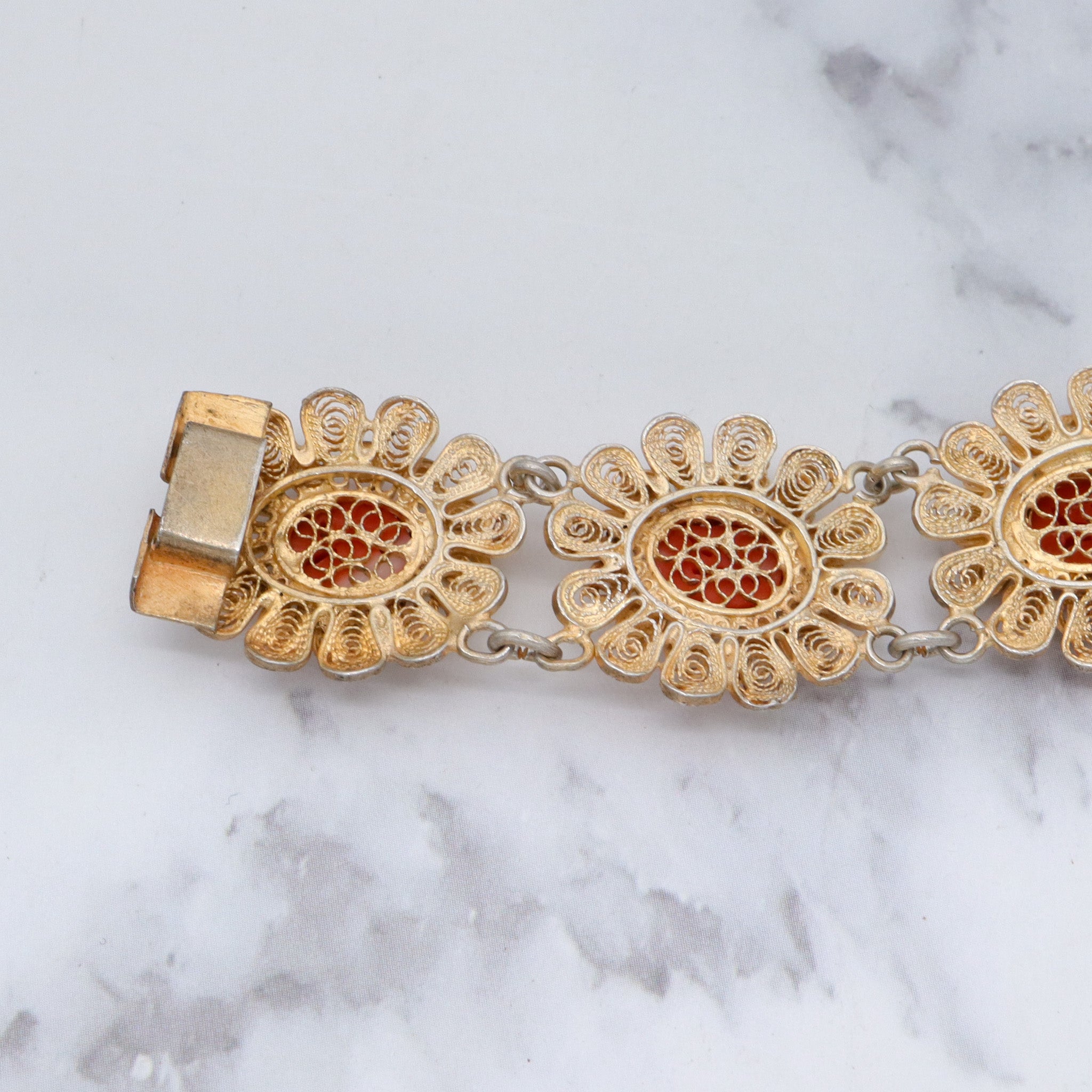 Antique gilt sterling silver filigree with carved coral flower bracelet