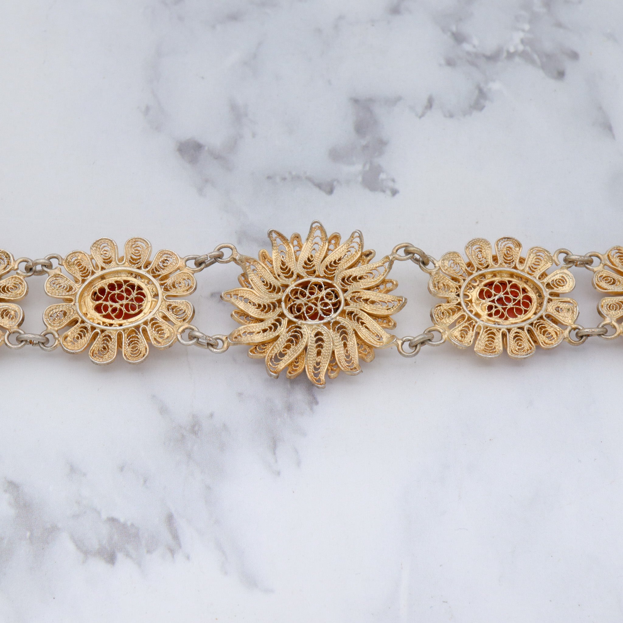 Antique gilt sterling silver filigree with carved coral flower bracelet