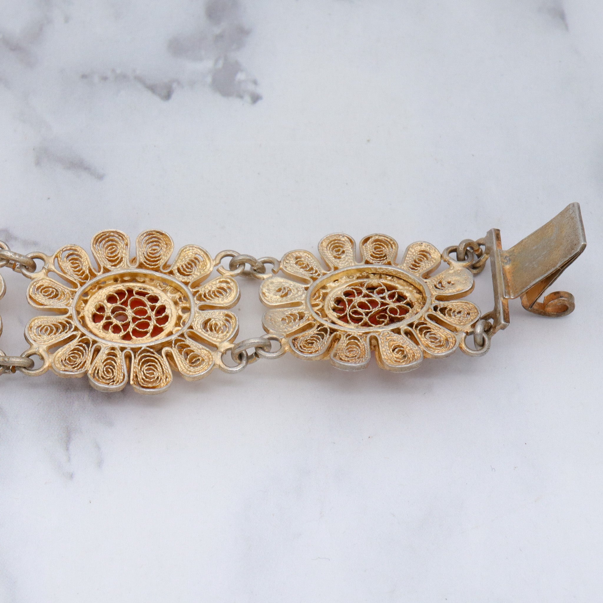 Antique gilt sterling silver filigree with carved coral flower bracelet