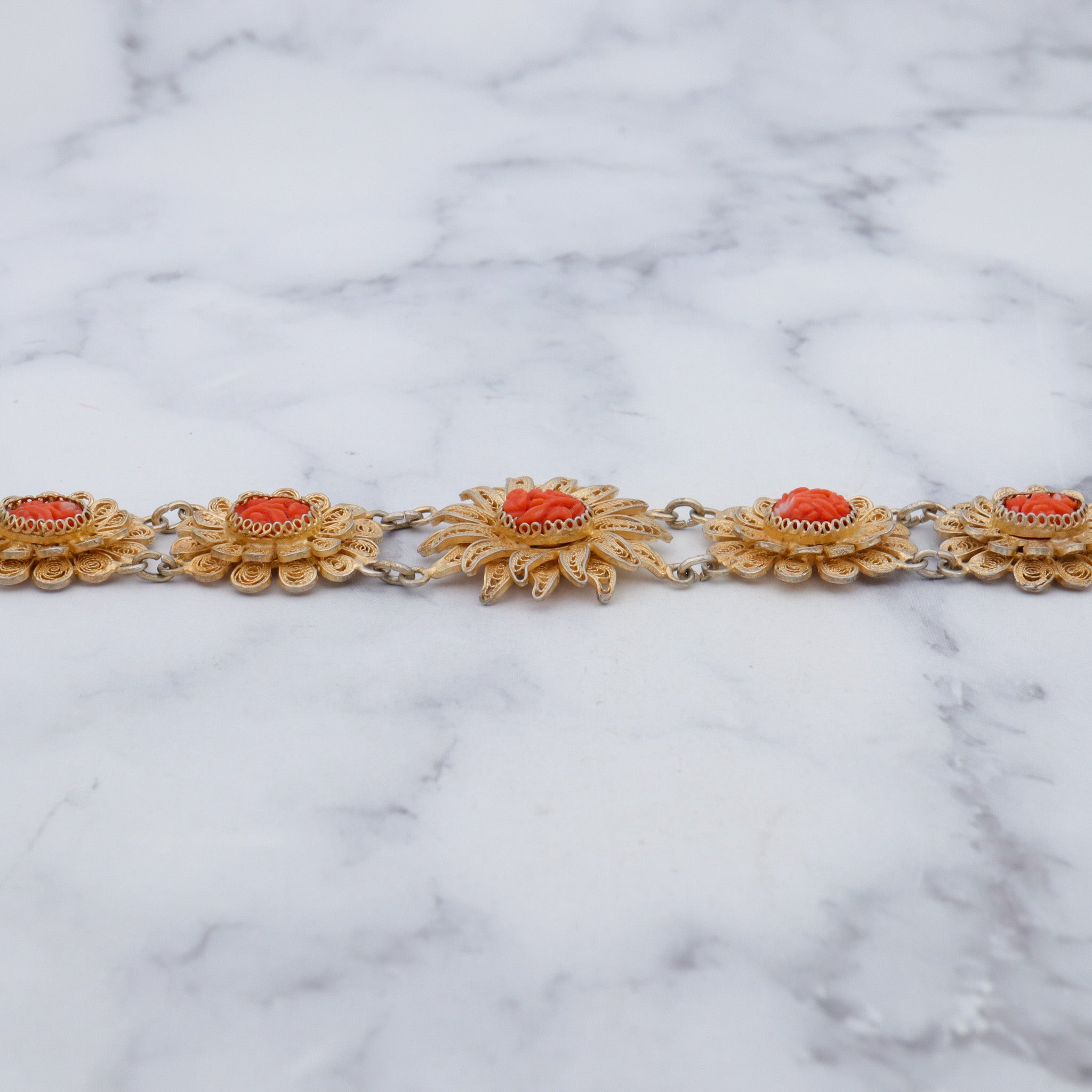 Antique gilt sterling silver filigree with carved coral flower bracelet